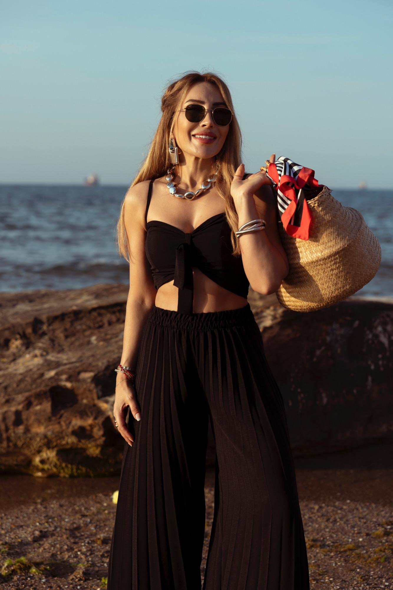 Siyah Pile Pantolon Crop Takım