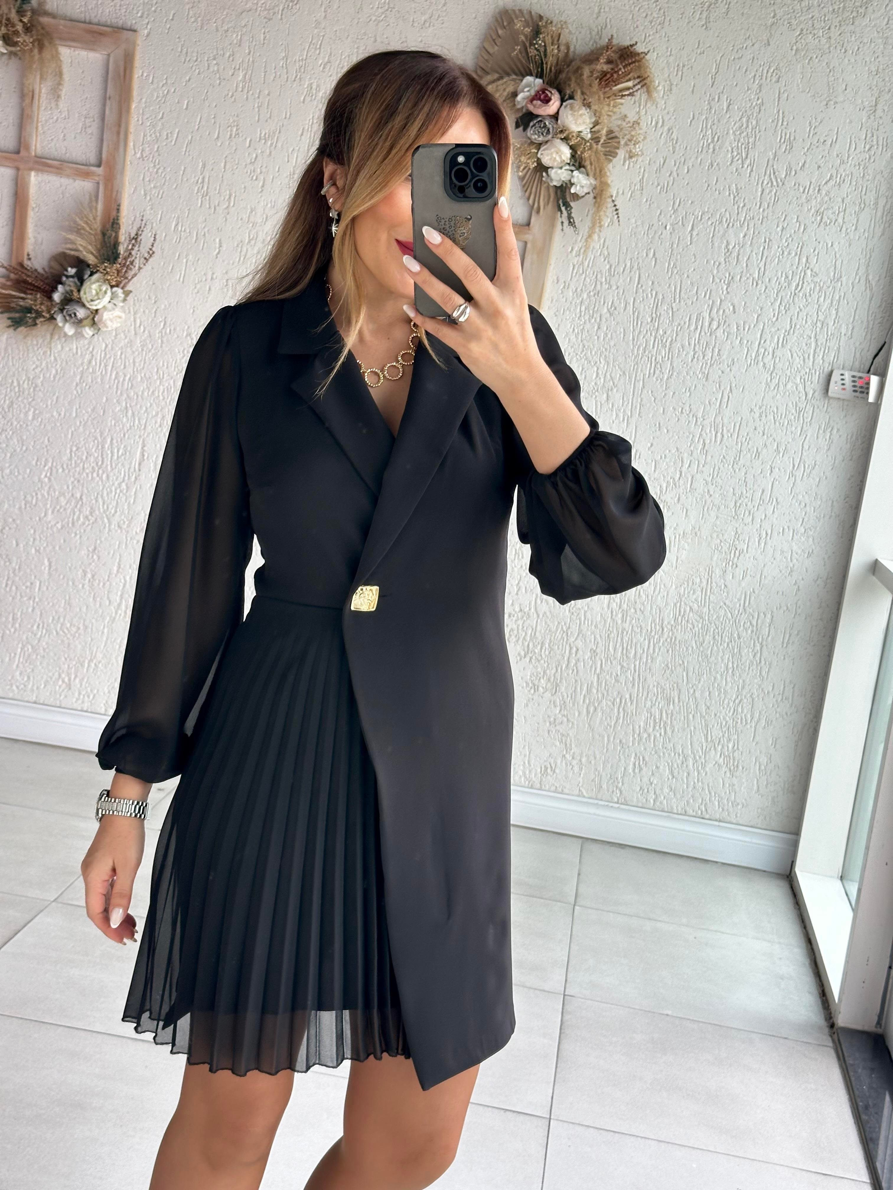Siyah Pilise Detaylı Ceket Elbise
