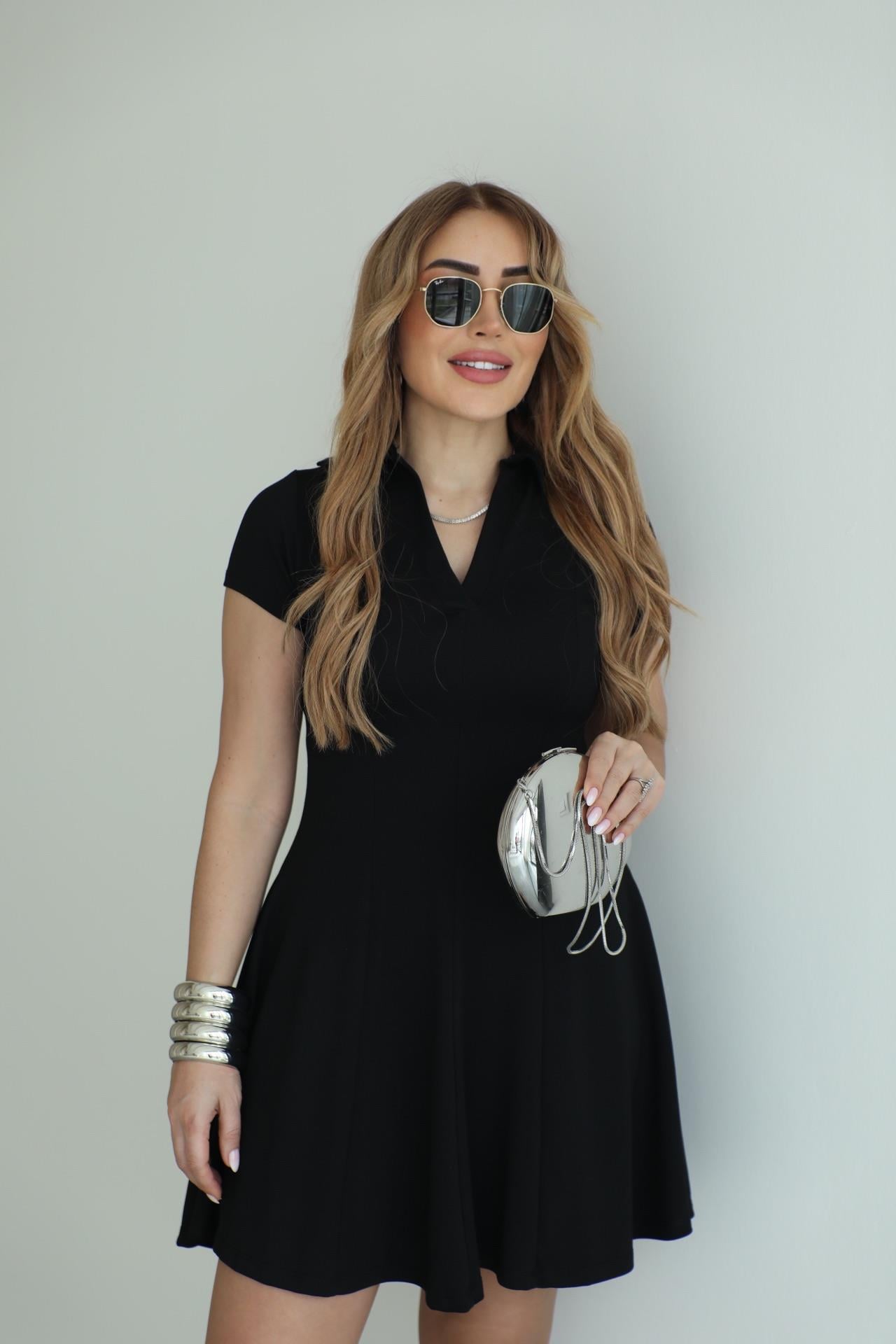 Siyah Polo Yaka A Kesim Elbise