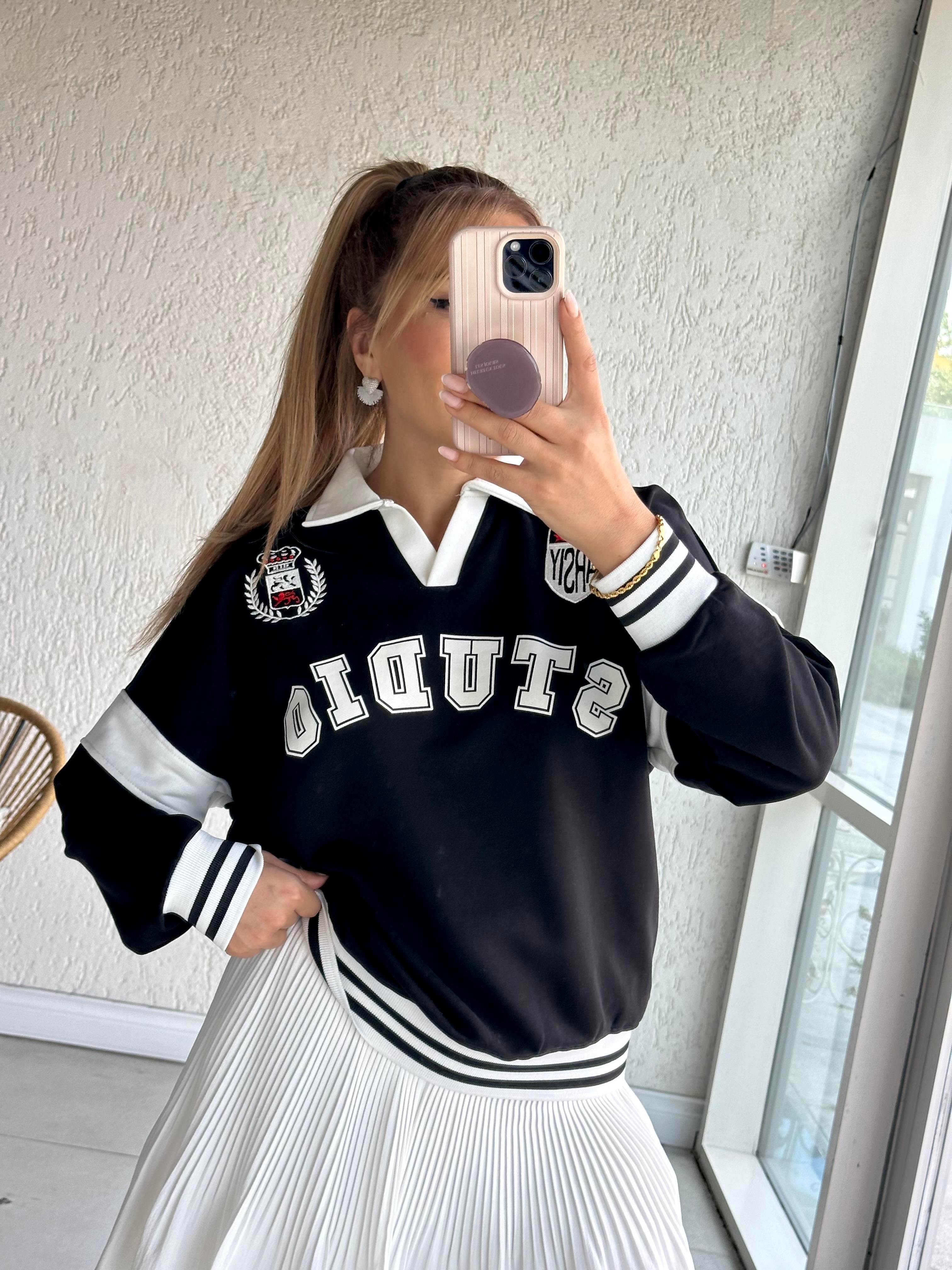 Siyah Polo Yaka Studio Sweat