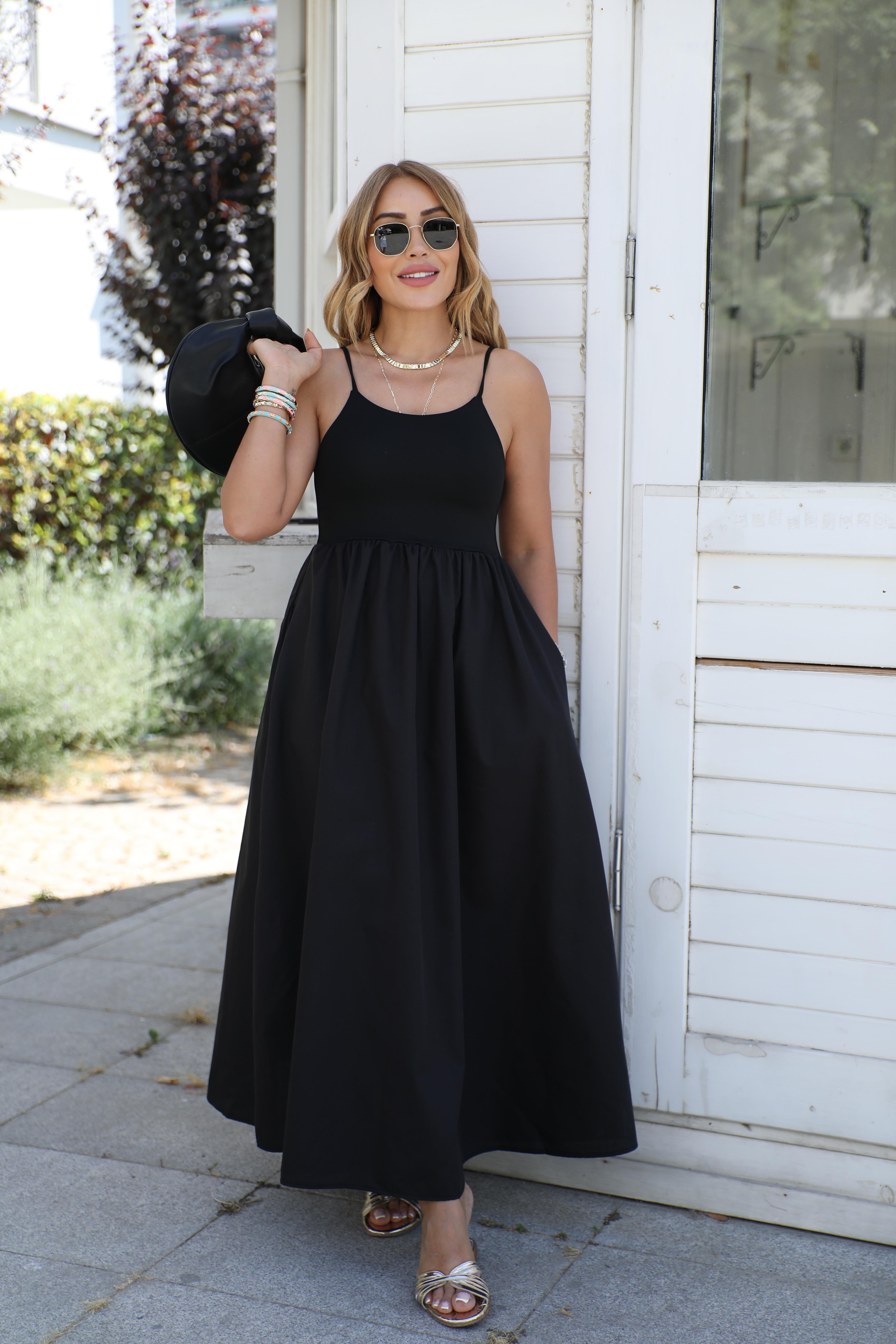 Siyah Poplin Cepli Maxi Elbise