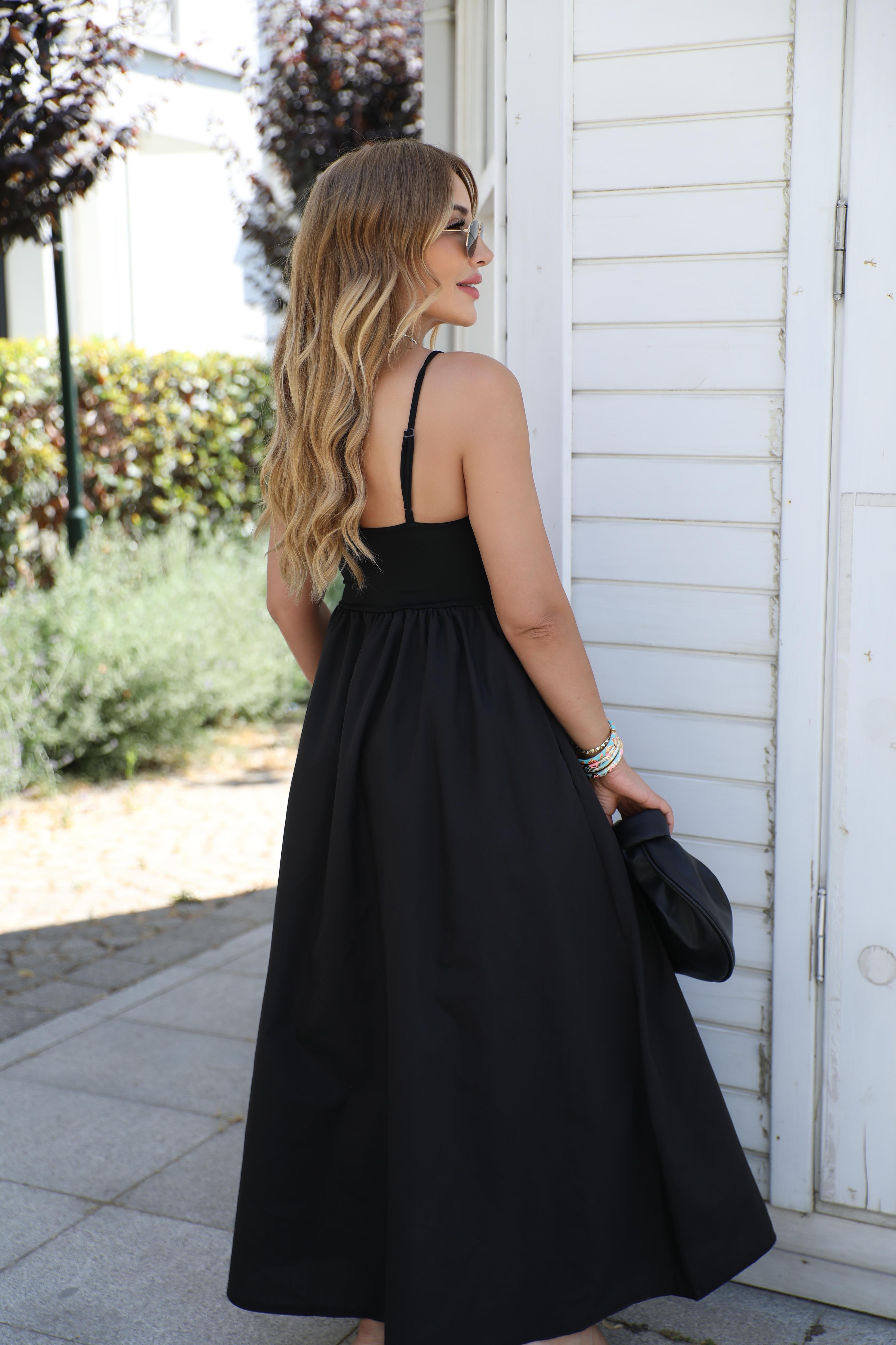 Siyah Poplin Cepli Maxi Elbise