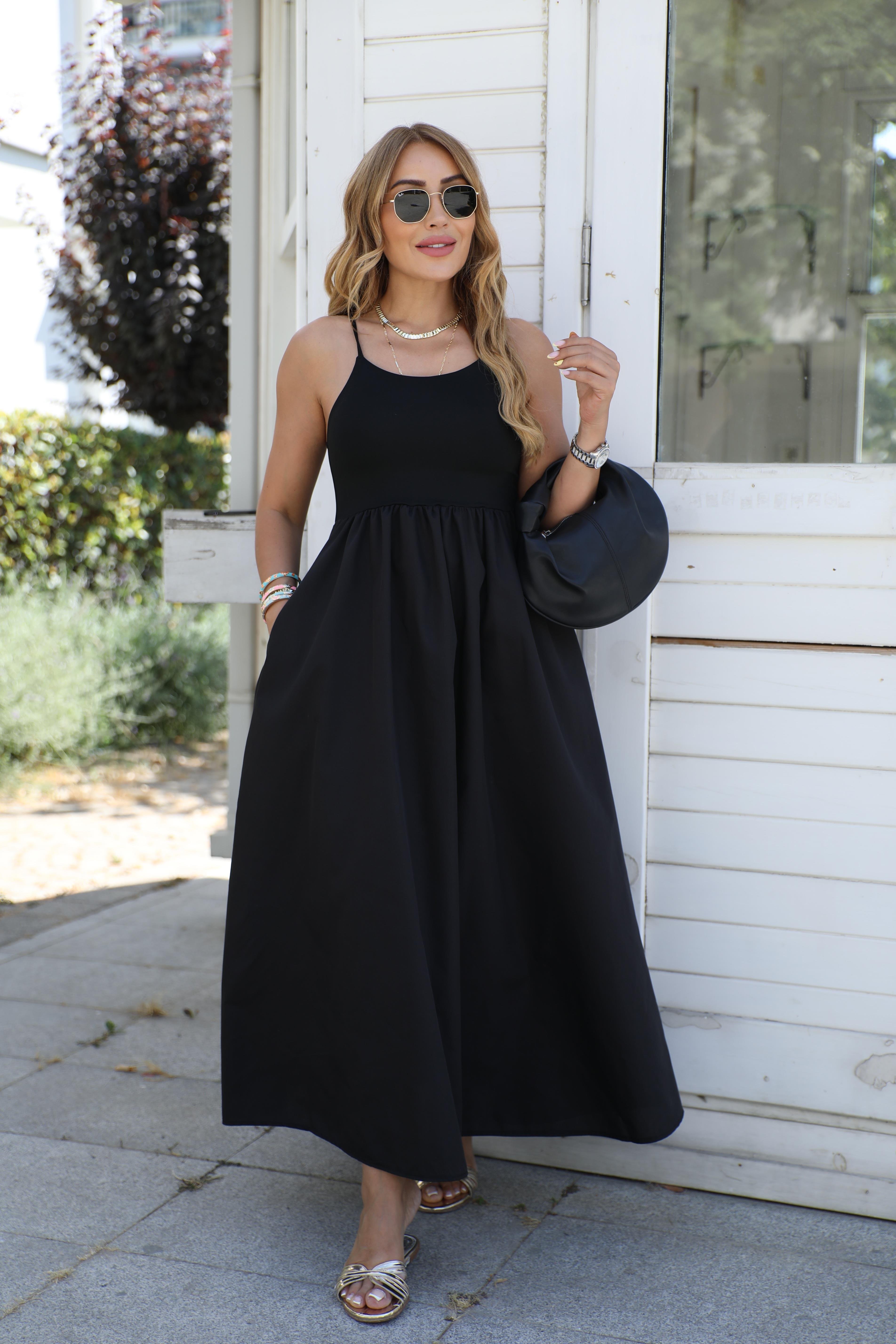 Siyah Poplin Cepli Maxi Elbise