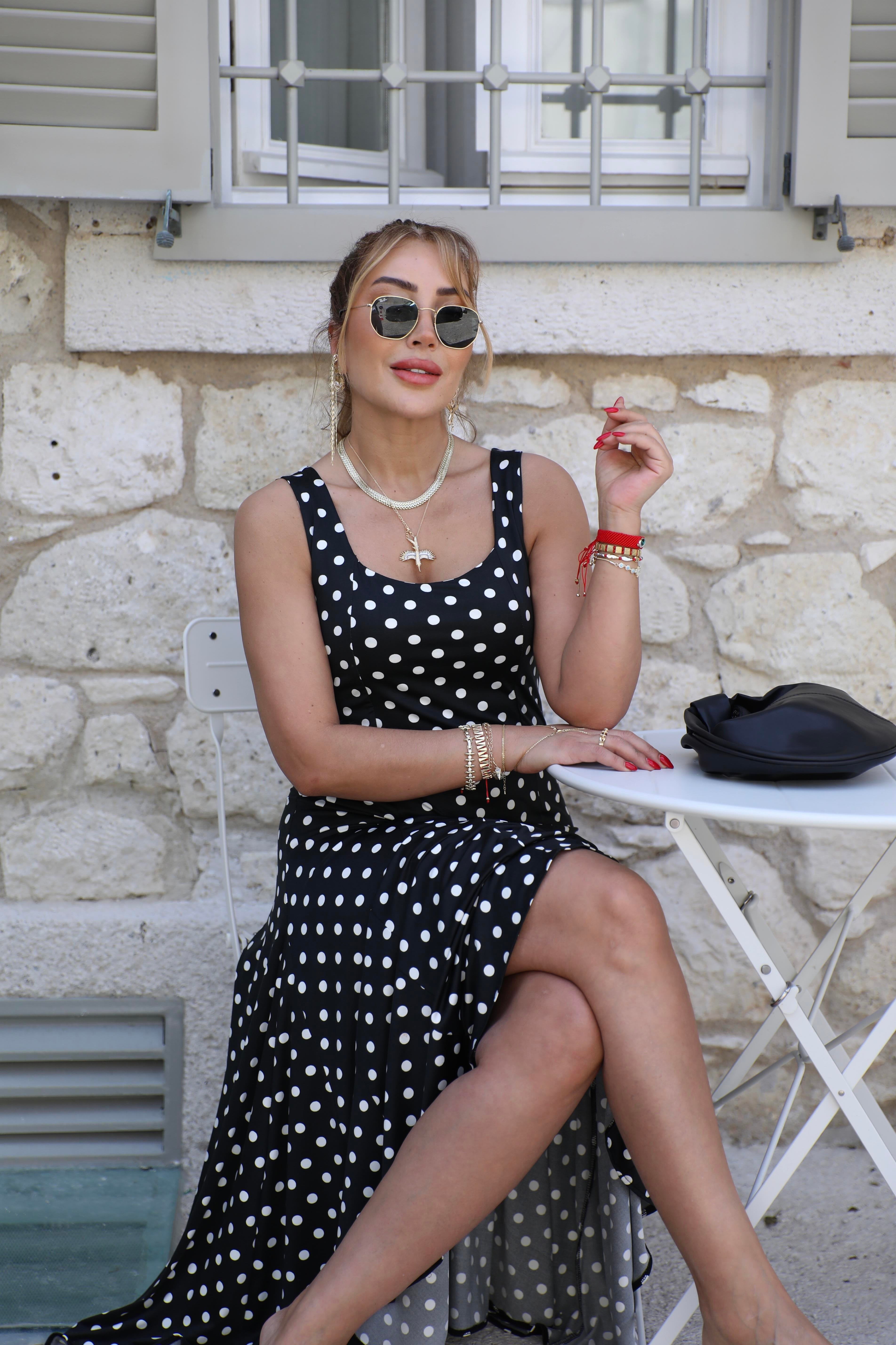 Siyah Puantiyeli Çan Maxi Elbise