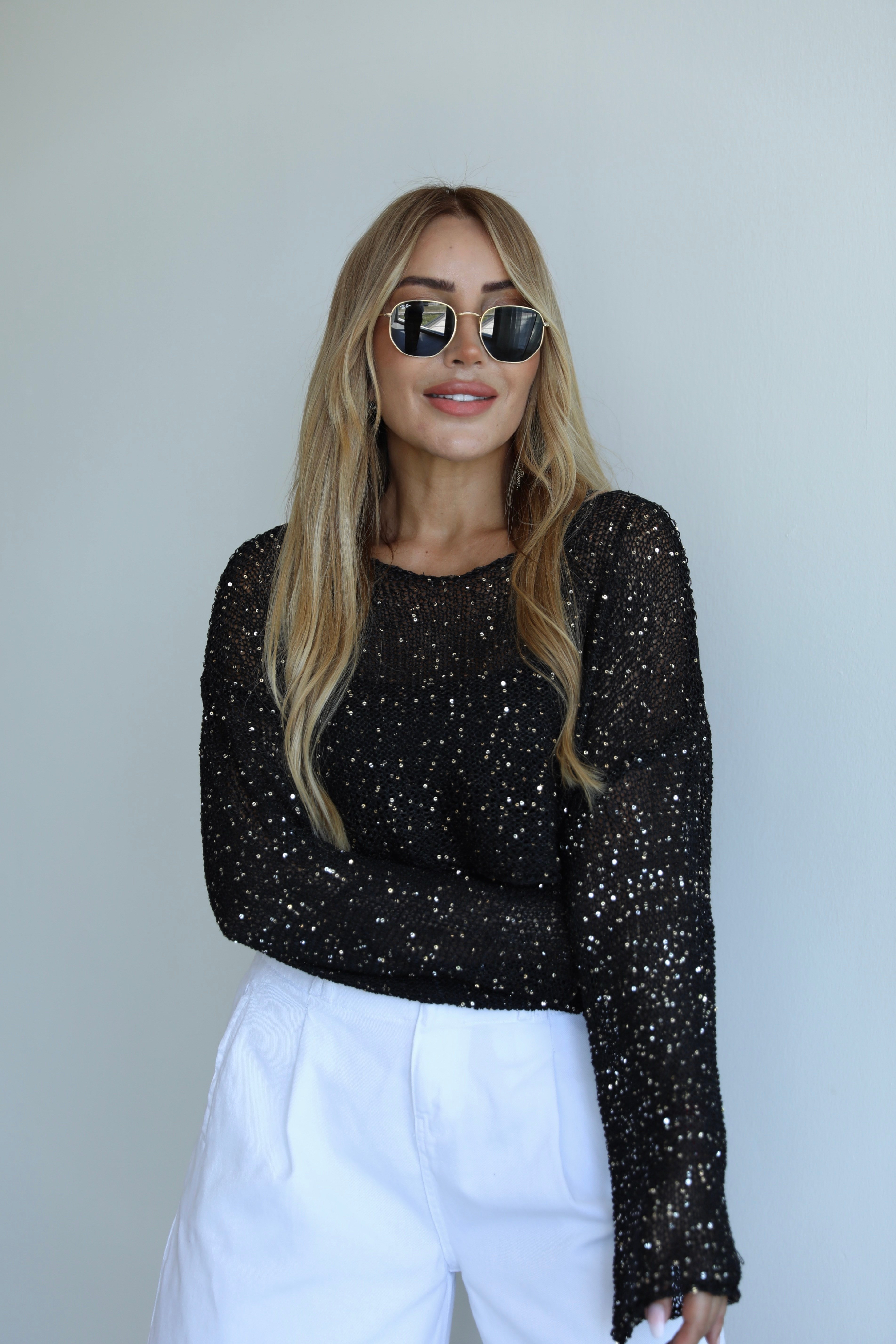Siyah Pullu Crop Merserize Triko
