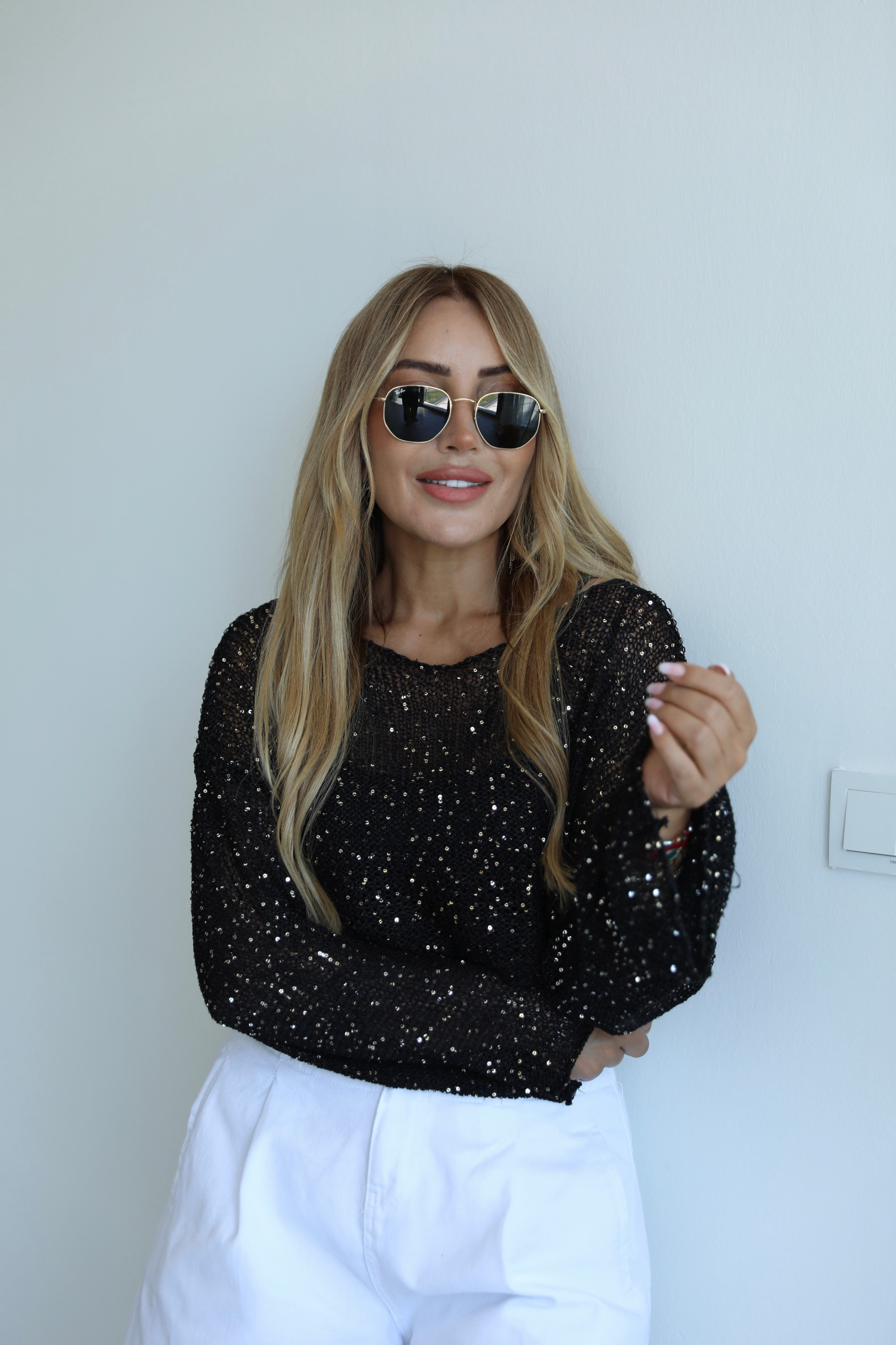 Siyah Pullu Crop Merserize Triko