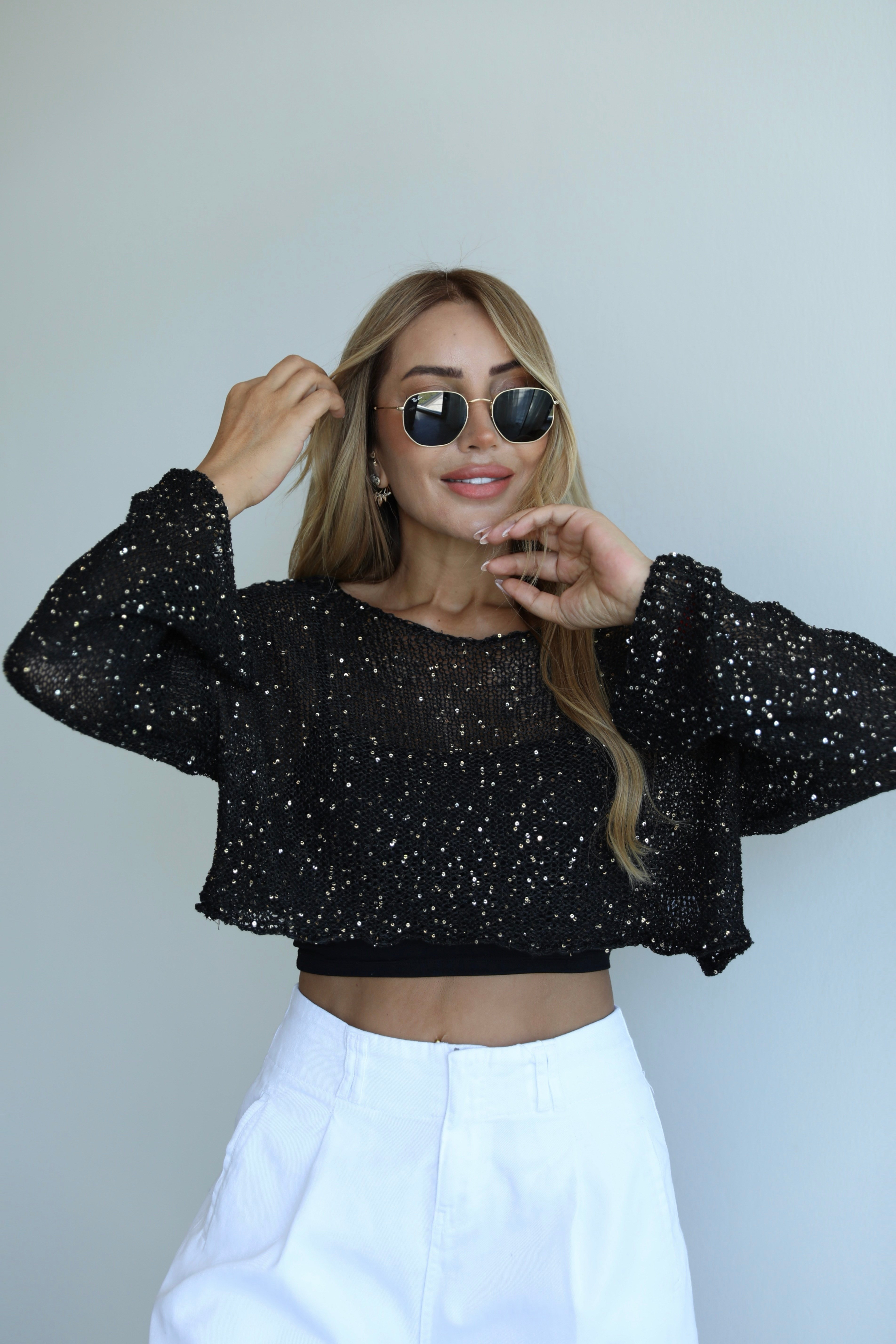Siyah Pullu Crop Merserize Triko