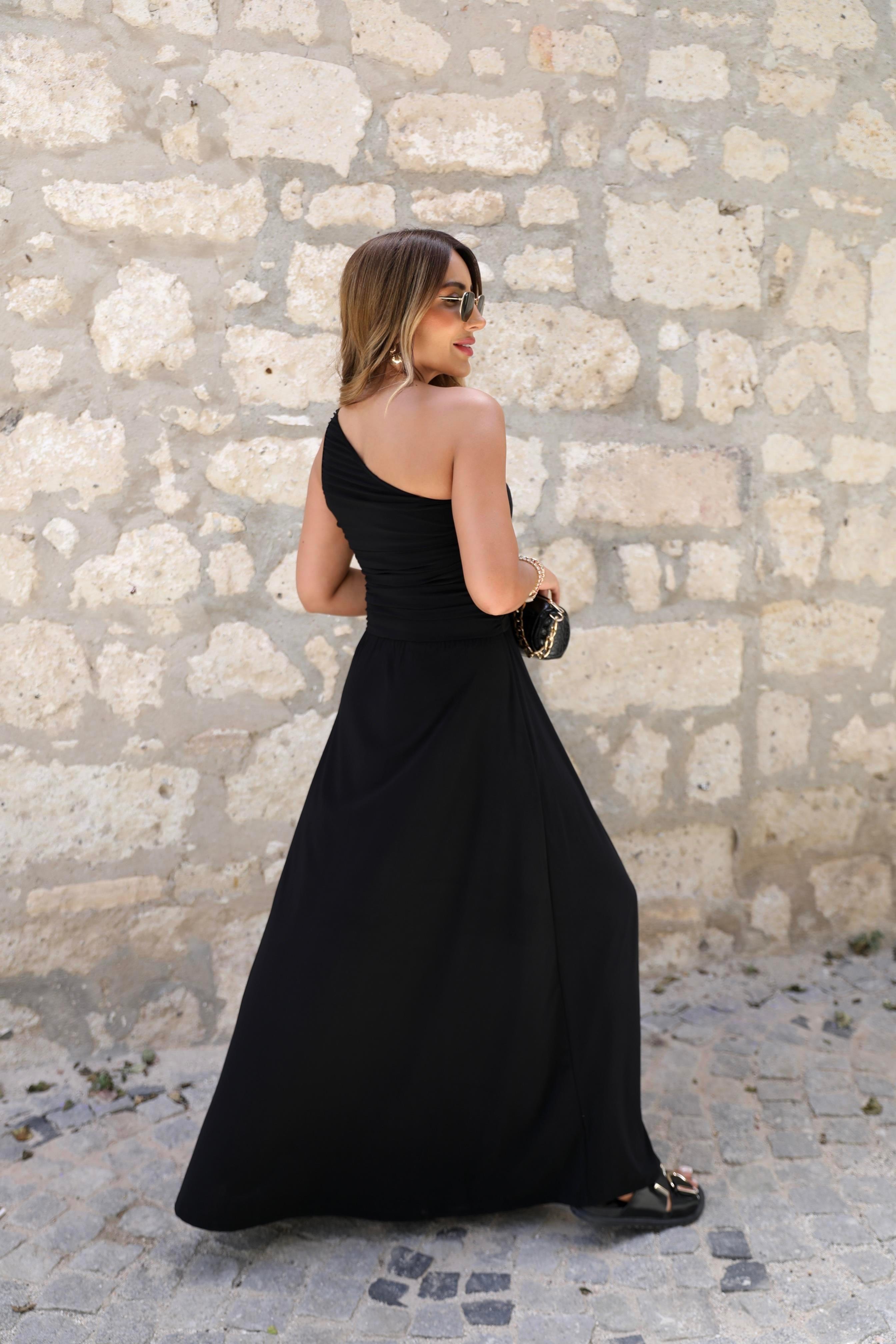 Siyah Sandy Tek Omuz Maxi Elbise