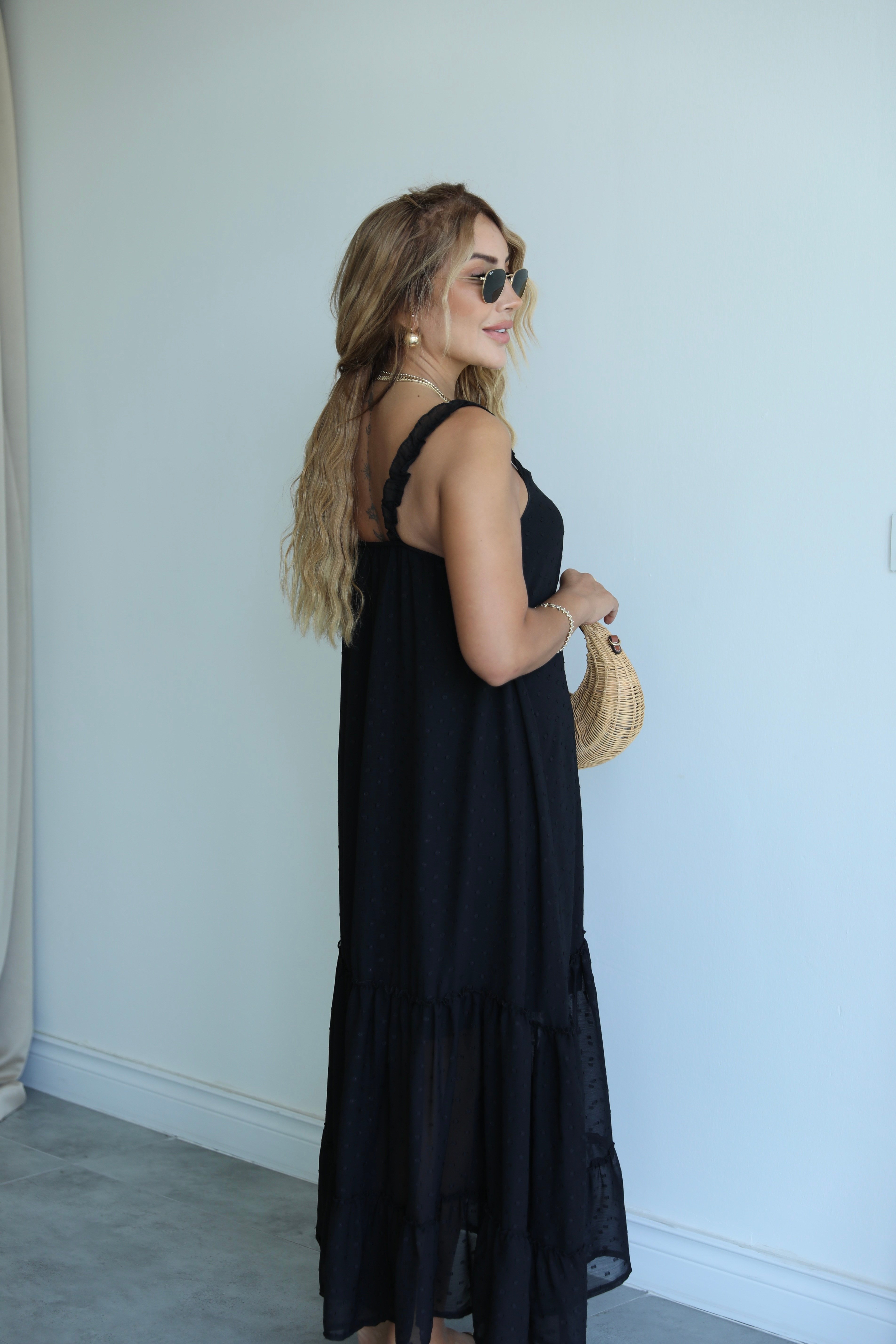 Siyah Şifon Fırfırlı Maxi Elbise 