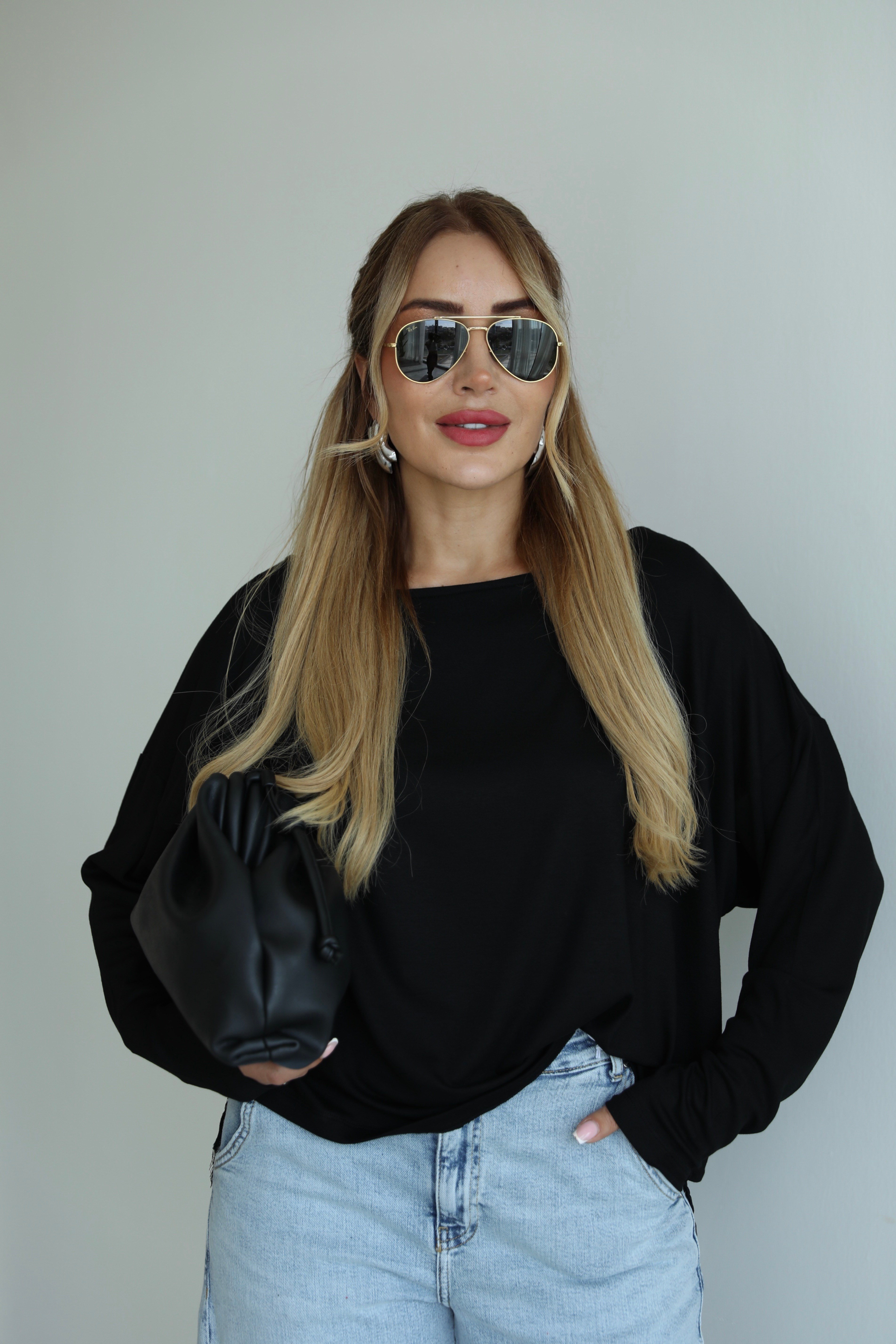 Siyah Sırt Dantelli Oversize Triko Bluz