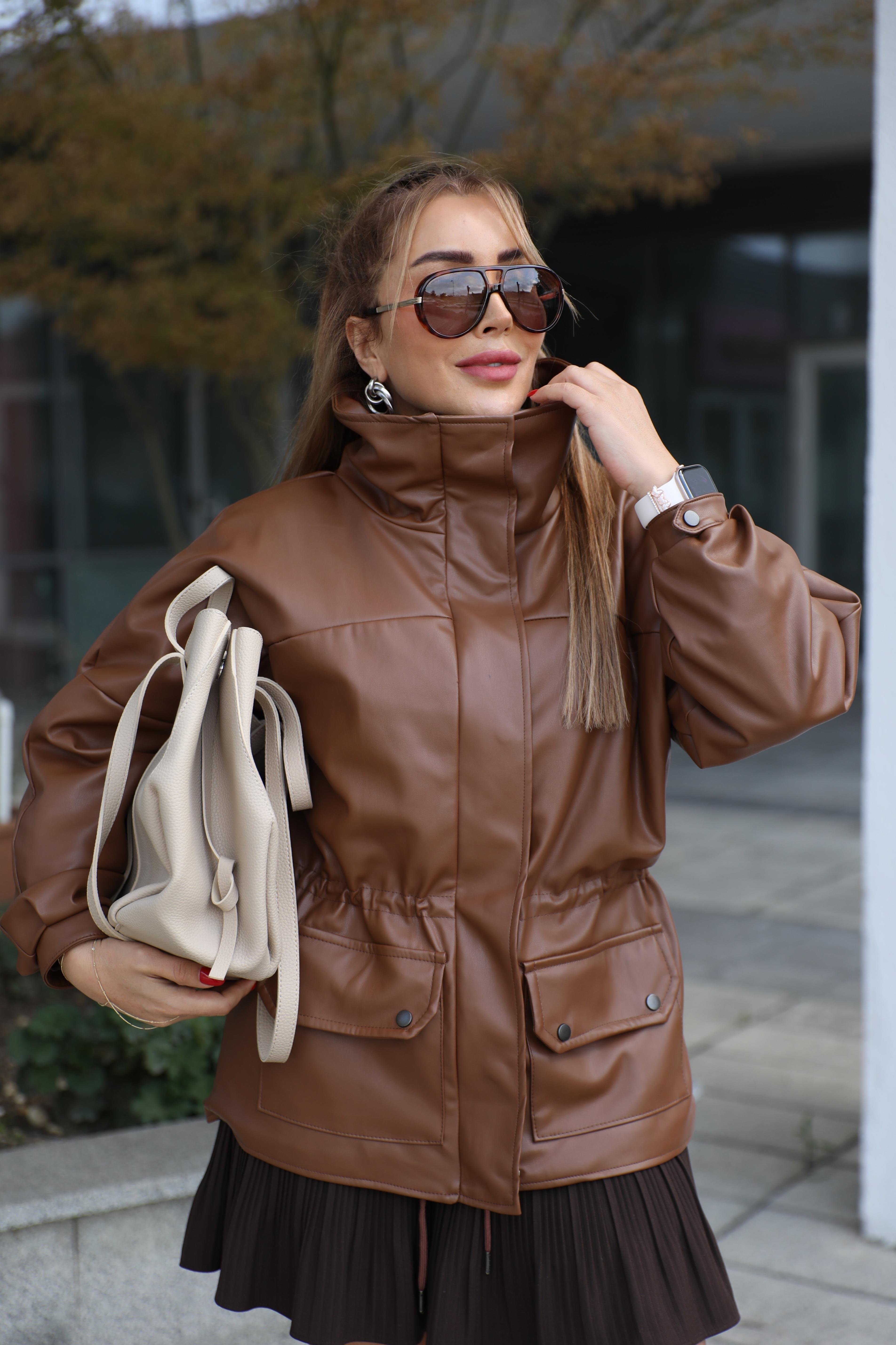 Taba Deri Yaka Detay Ceket