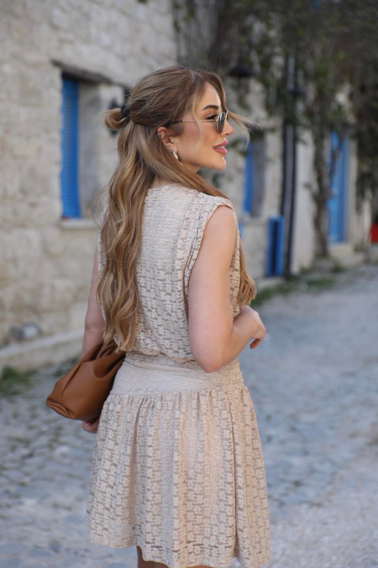 Taş Dantel Askılı Drapeli Elbise 