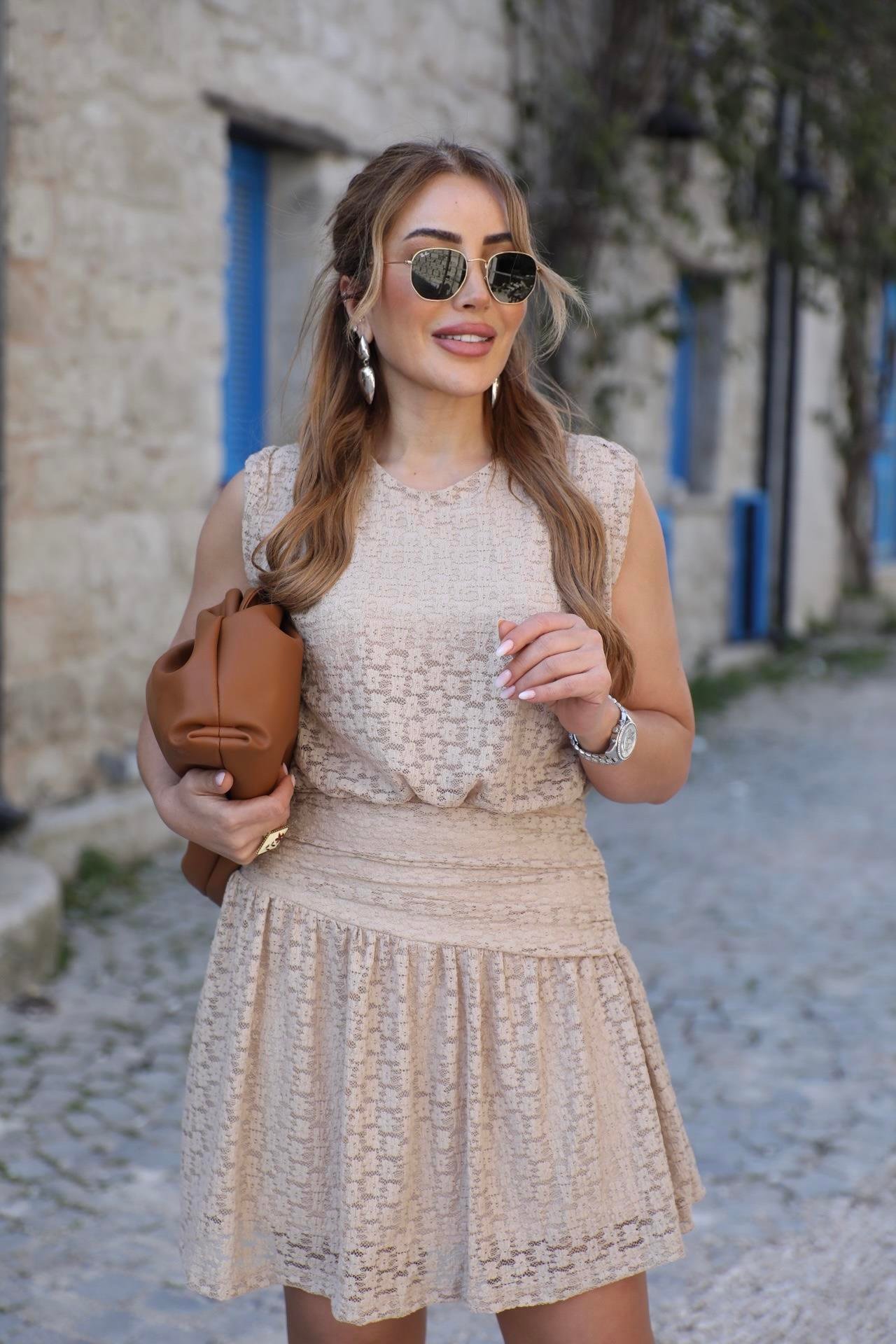 Taş Dantel Askılı Drapeli Elbise 