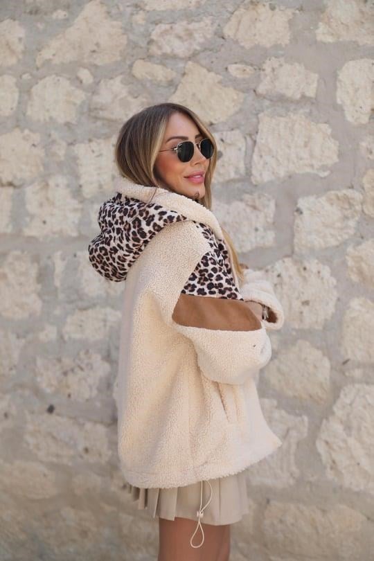 Taş Leopar Desenli Peluş Mont