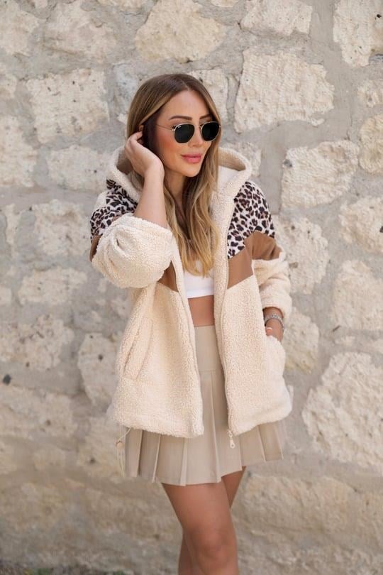 Taş Leopar Desenli Peluş Mont