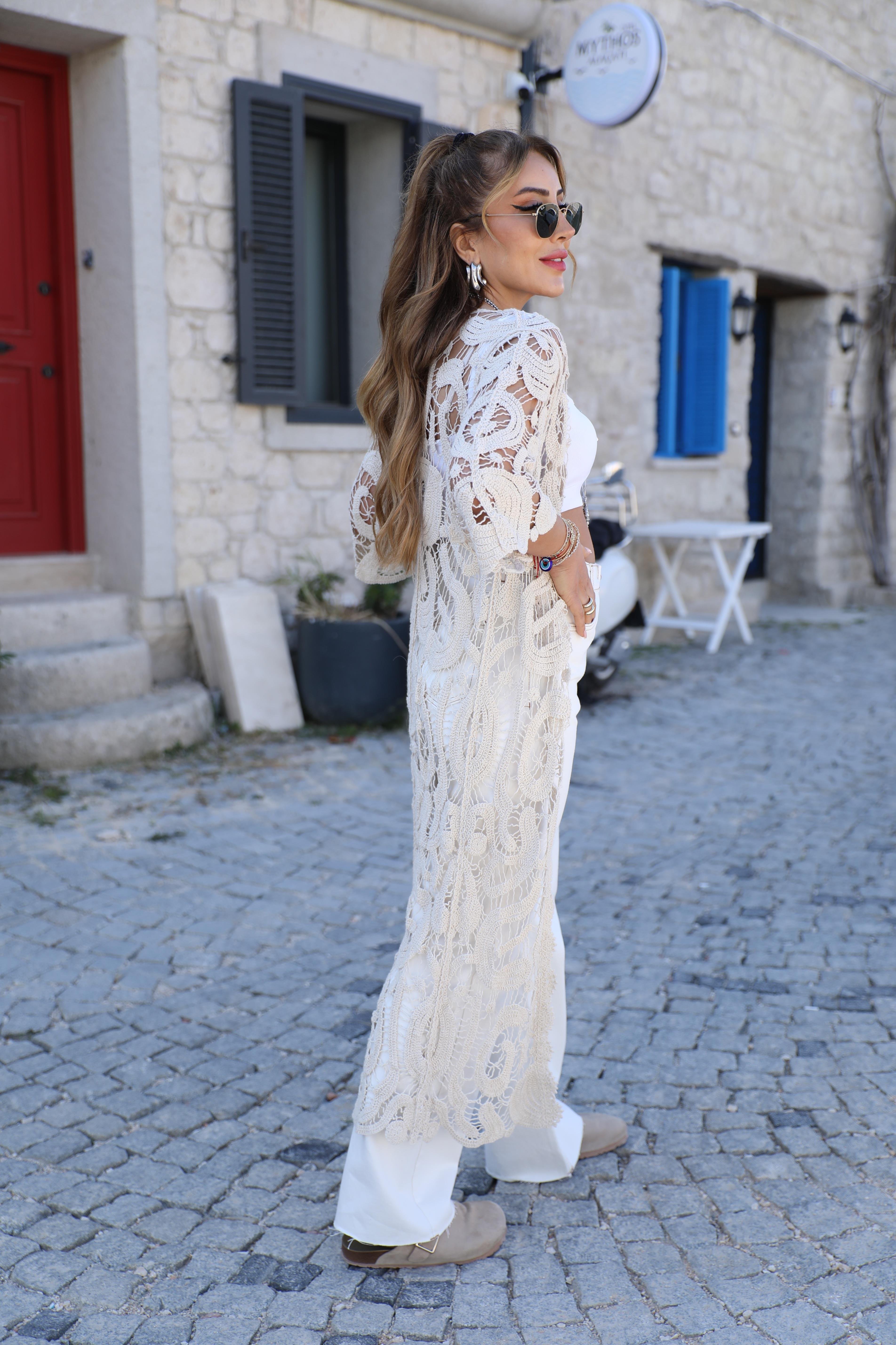 Taş Rengi İthal Dantel Kimono