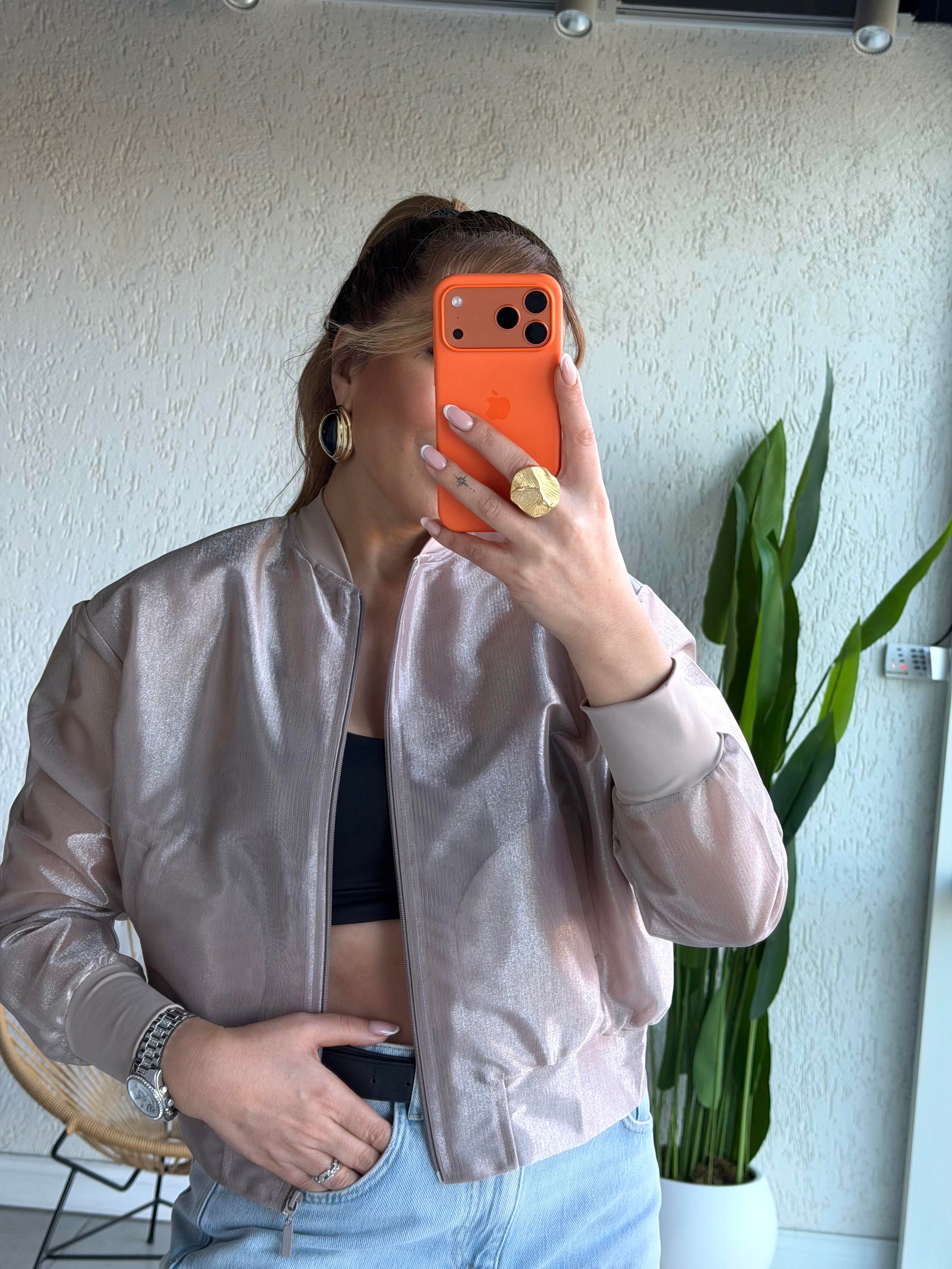 Taş Rengi Organze Bomber Ceket