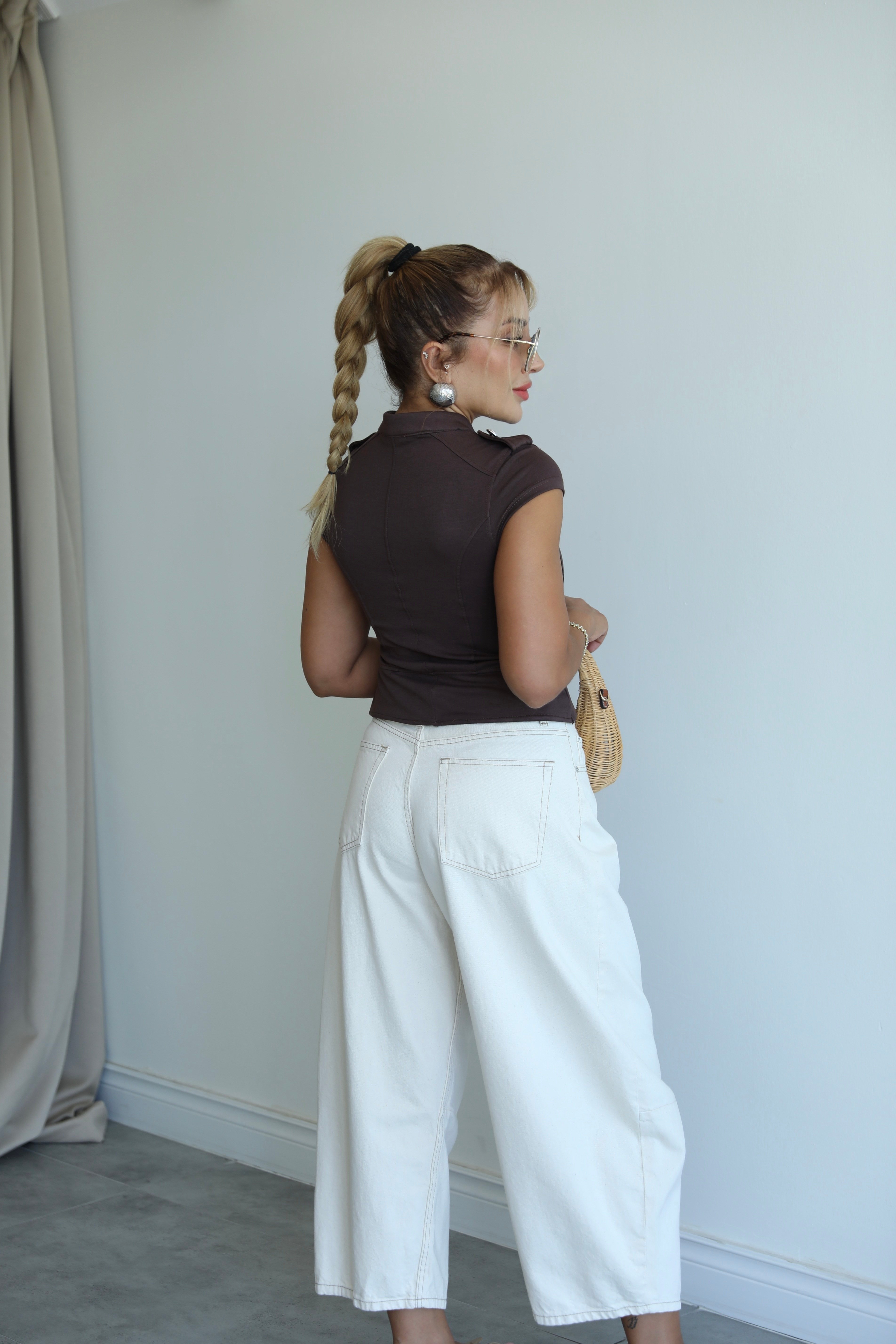 Taş Rengi Pile Detaylı Denim