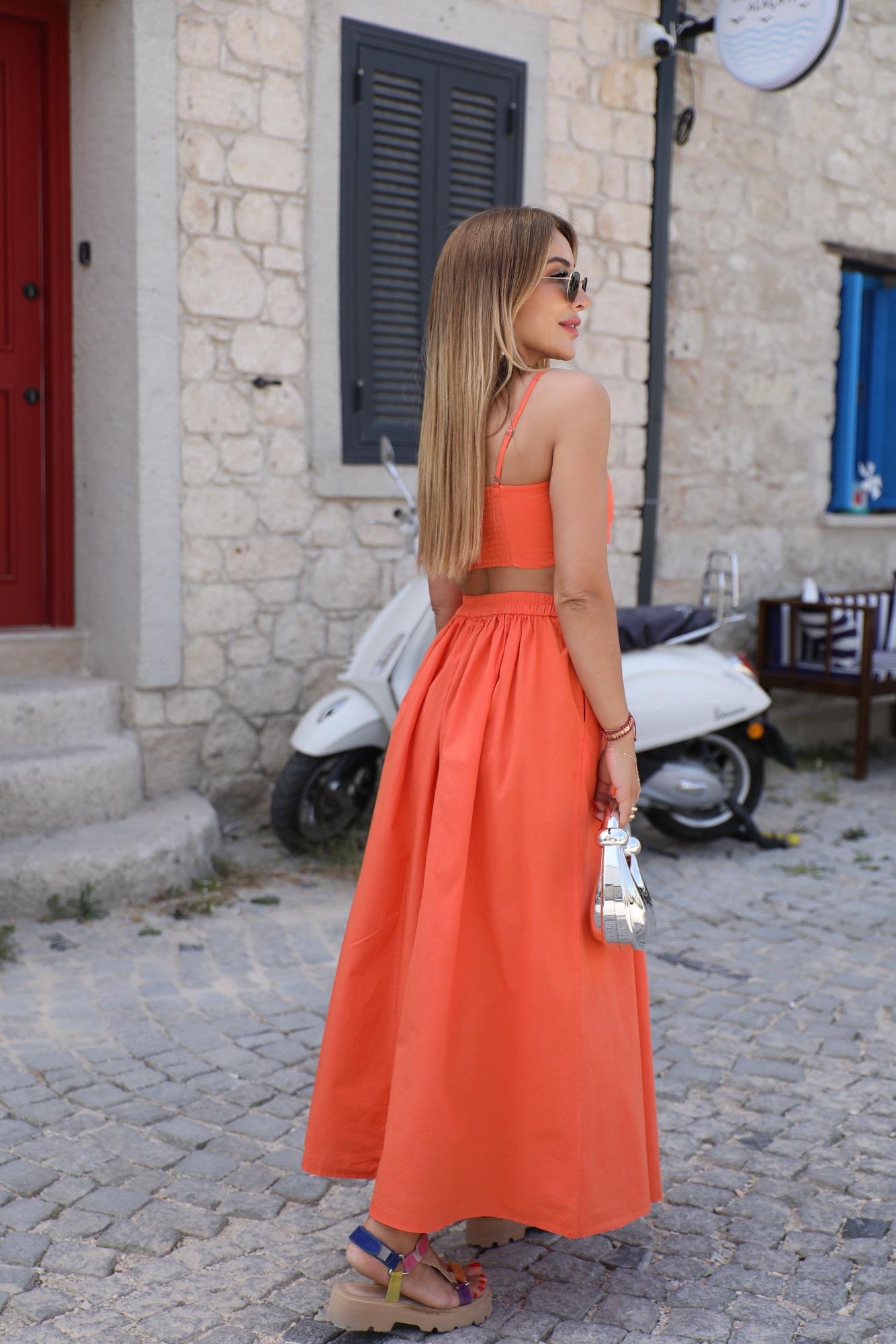 Turuncu Crop Maxi Etek Takım 