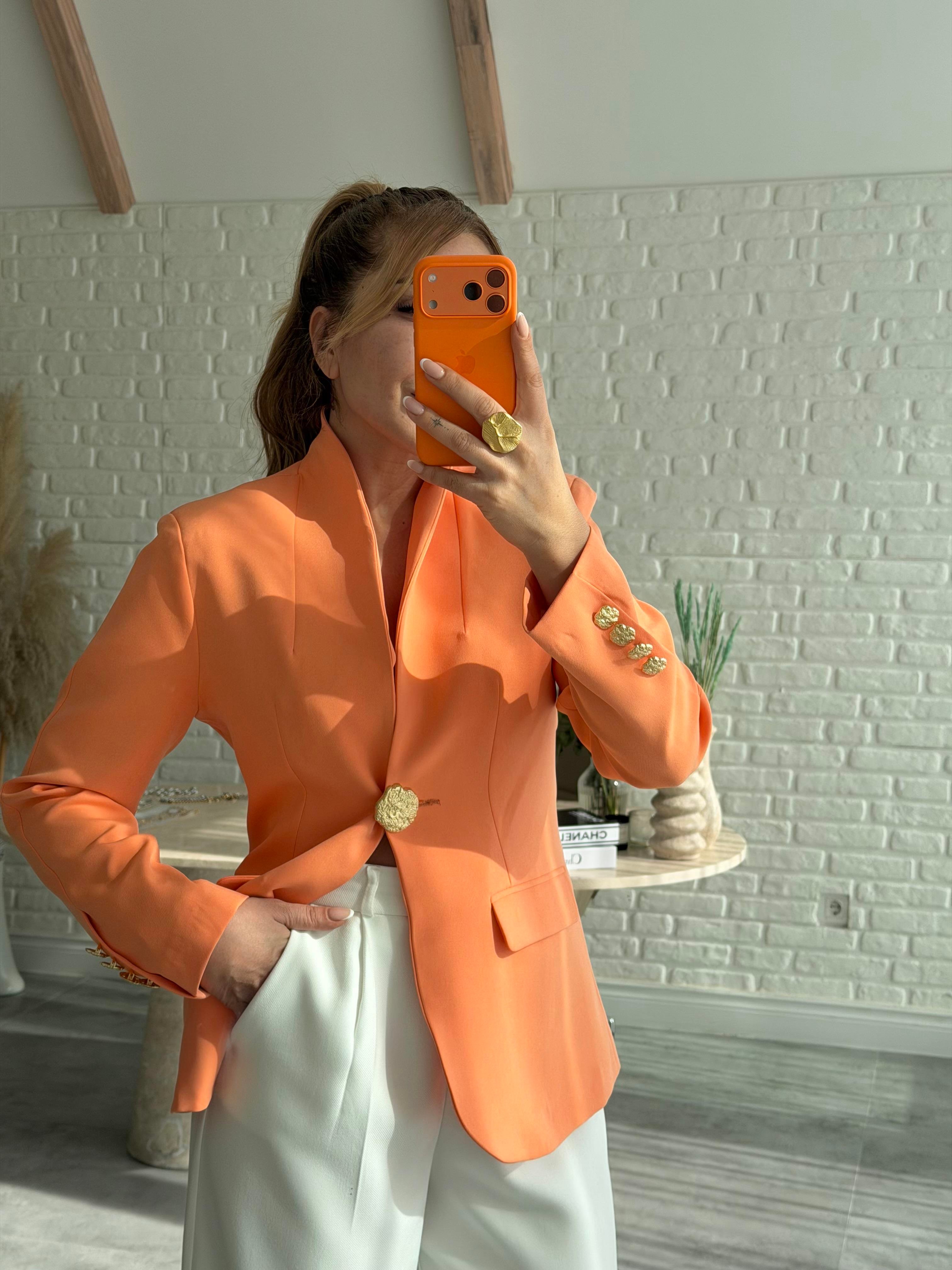 Turuncu Gold Düğme Detaylı Blazer Ceket