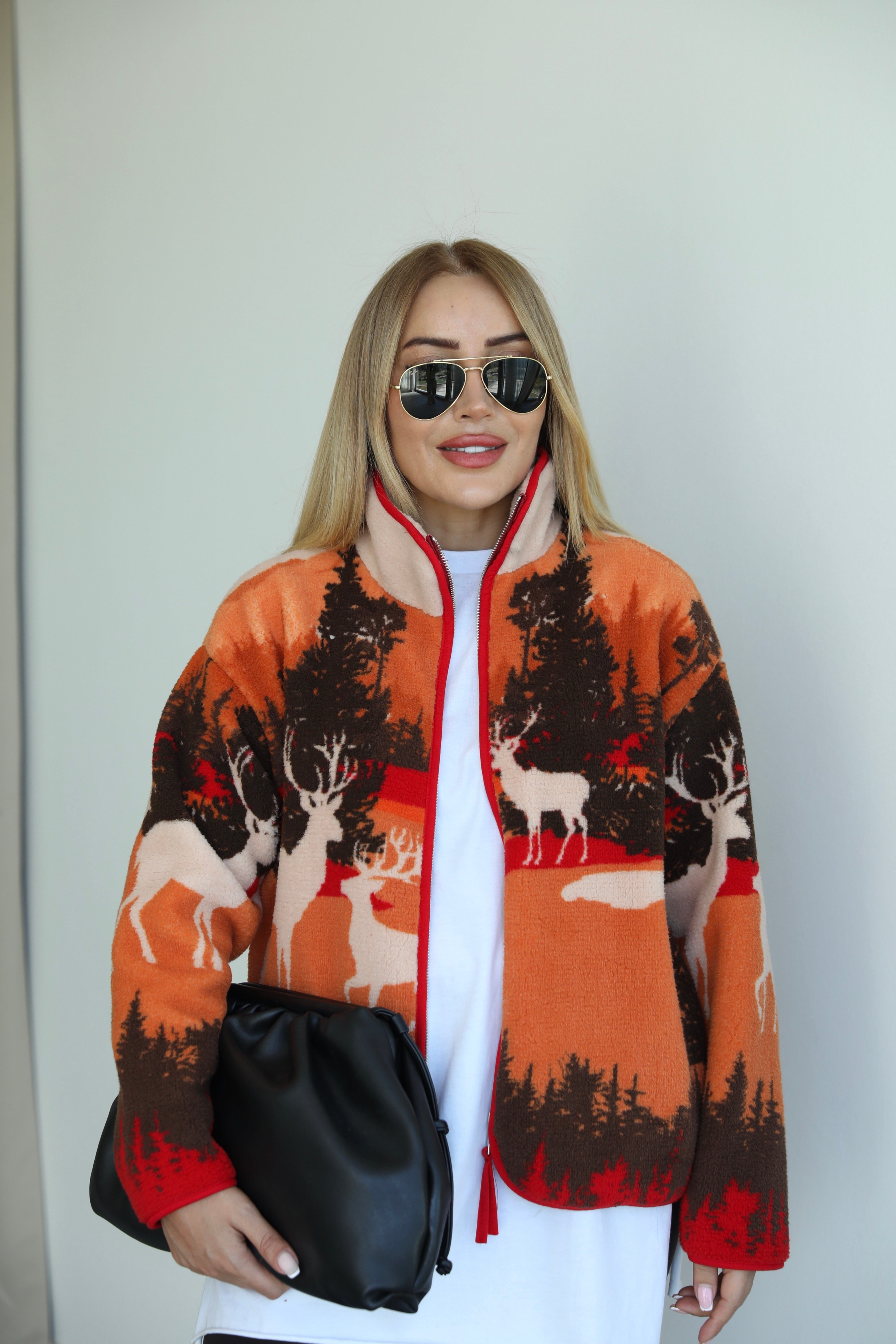 Turuncu Kırmızı Geyik Desenli Polar Ceket