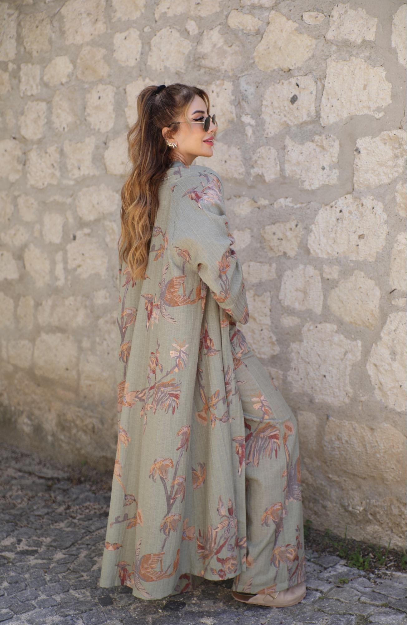 Yeşil Çiçek Desenli Kimono Takım