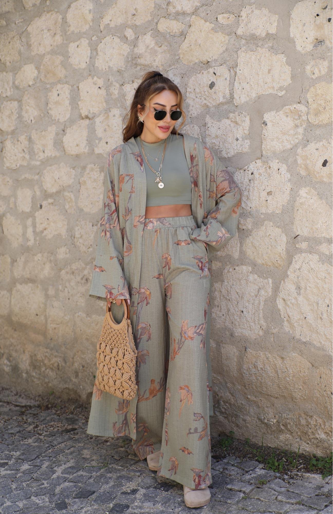 Yeşil Çiçek Desenli Kimono Takım