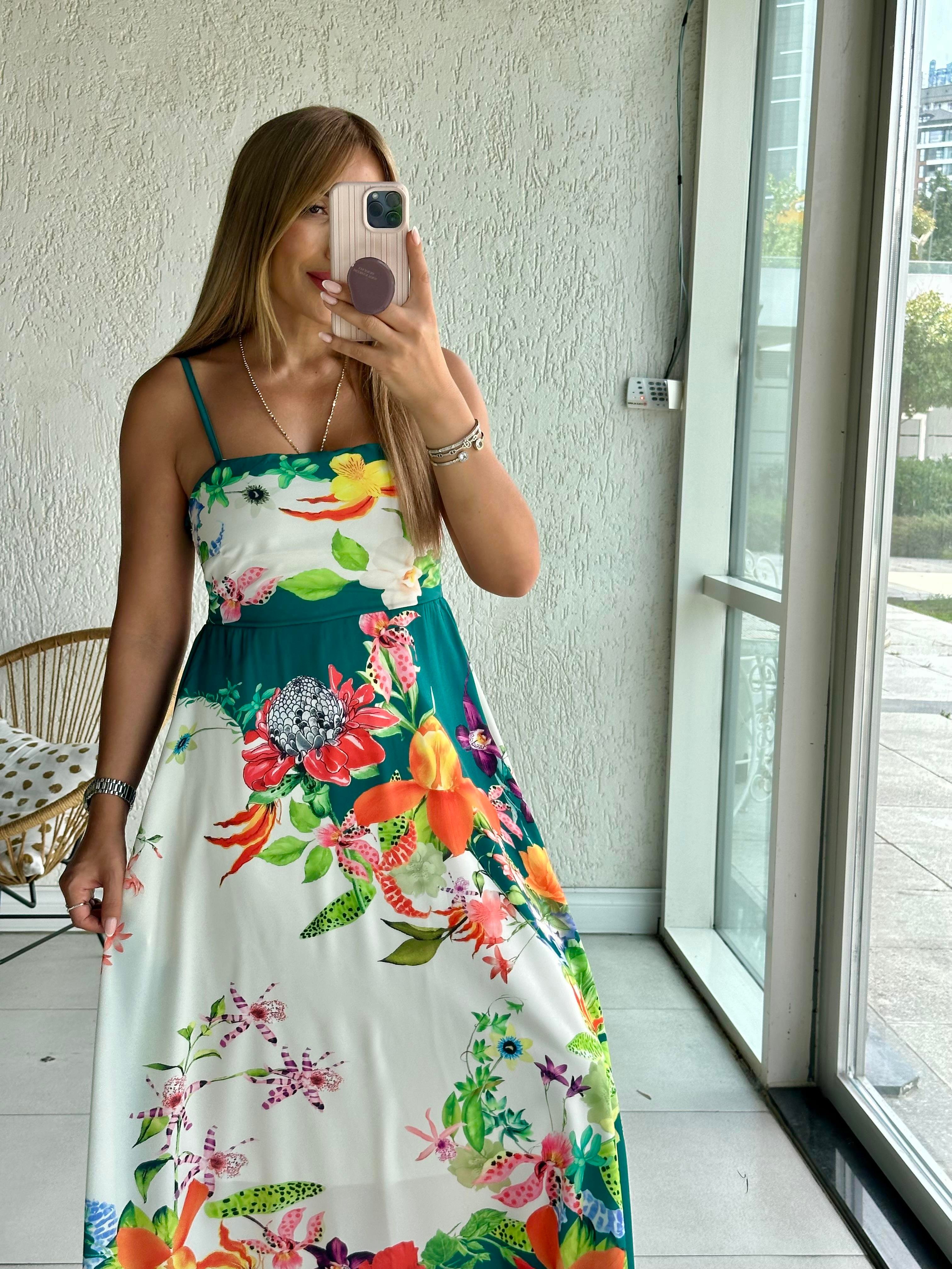 Yeşil Çiçek Desenli Maxi Elbise