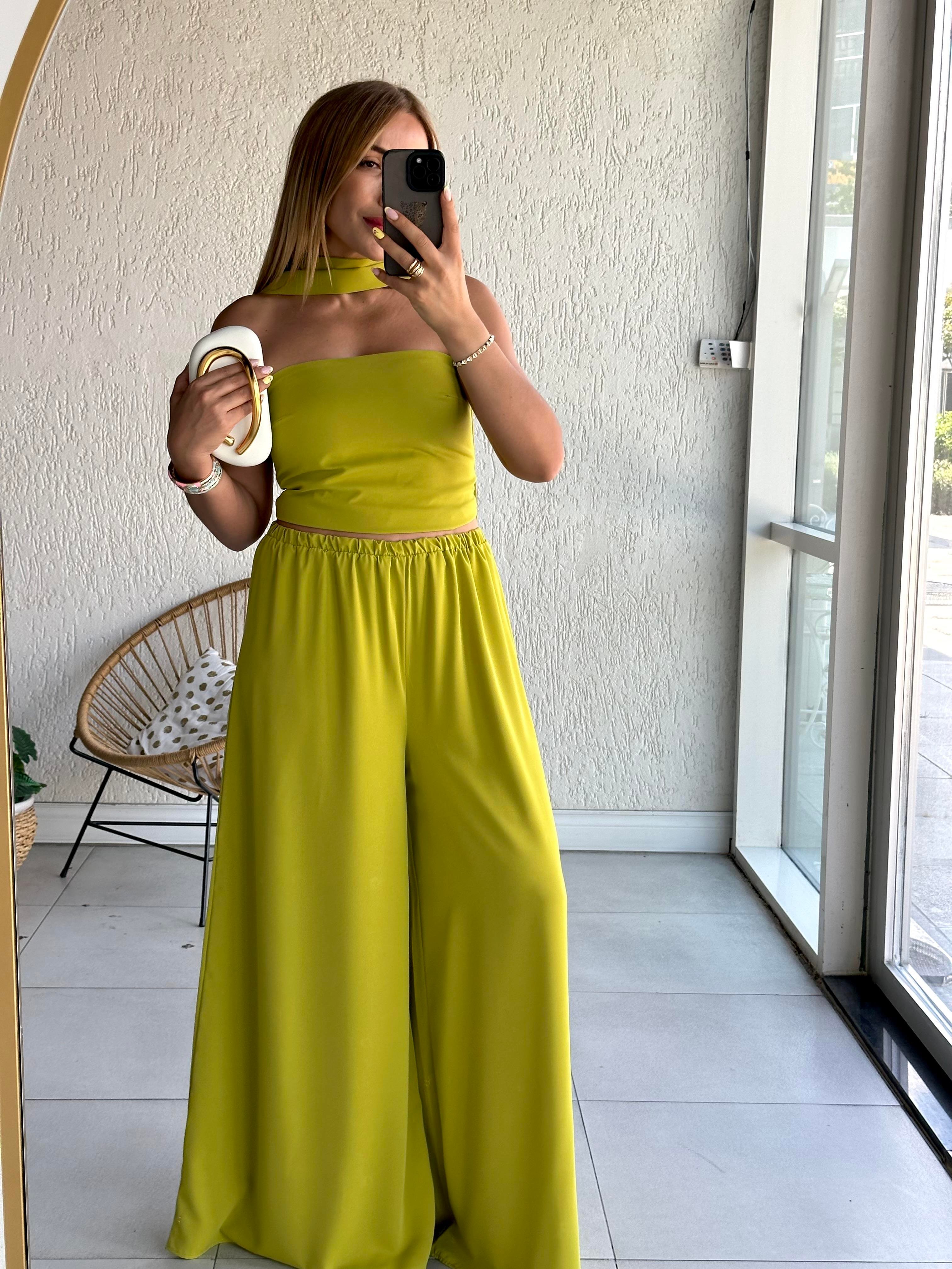Yeşil Tasarım Crop Pantolon Takım 