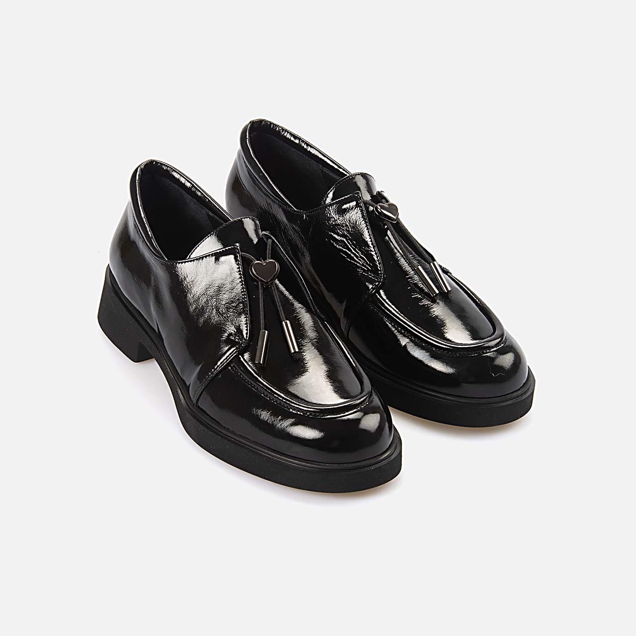 GünlükKemal TancaKemal Tanca Hakiki Deri Kadın Siyah Rugan Günlük Ayakkabı 5766