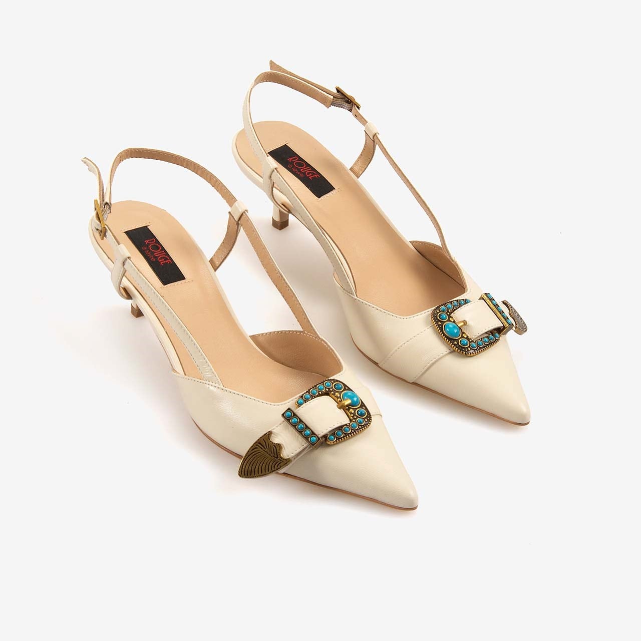 Rouge Kadın Taşlı Toka Detaylı Slingback Sivri Burun 6cm Topuklu Ayakkabı 7124