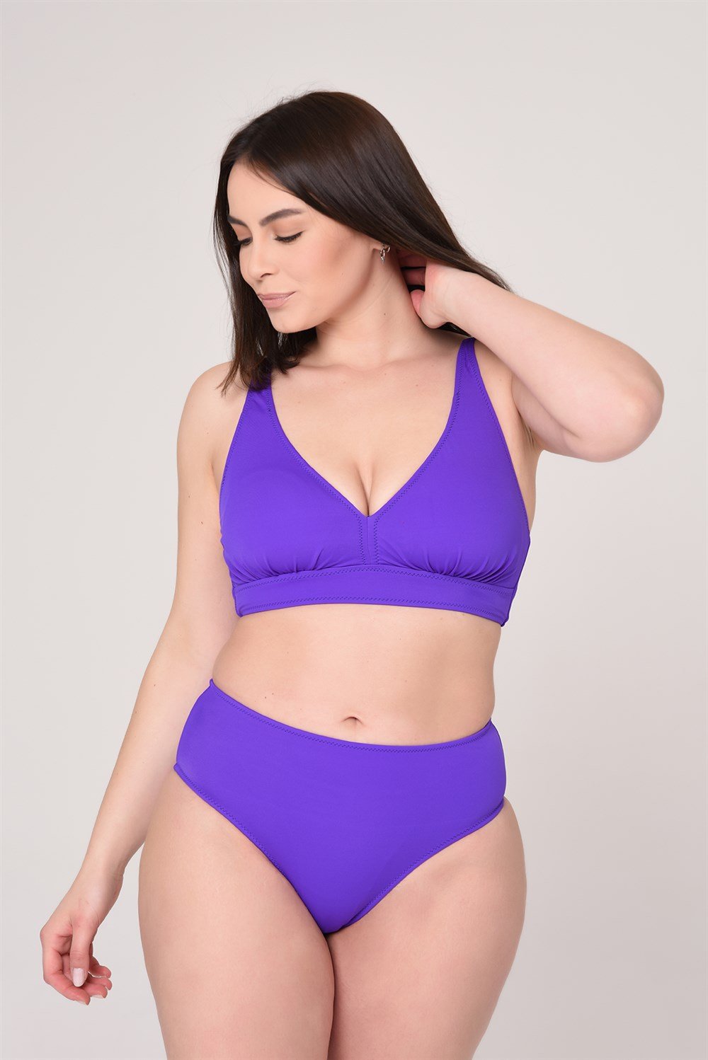 AQUAVİVA Kadın Mor Büyük Beden Üçgen Toparlayıcı Yüksek Bel  Bikini Takımı
