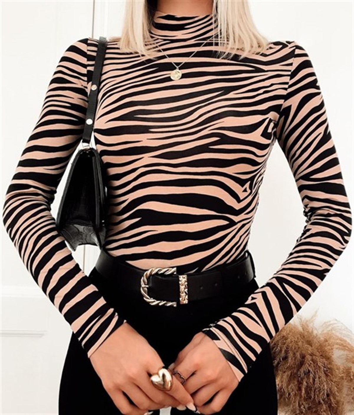 BALIKÇI ZEBRA DESEN BLUZ VİZON