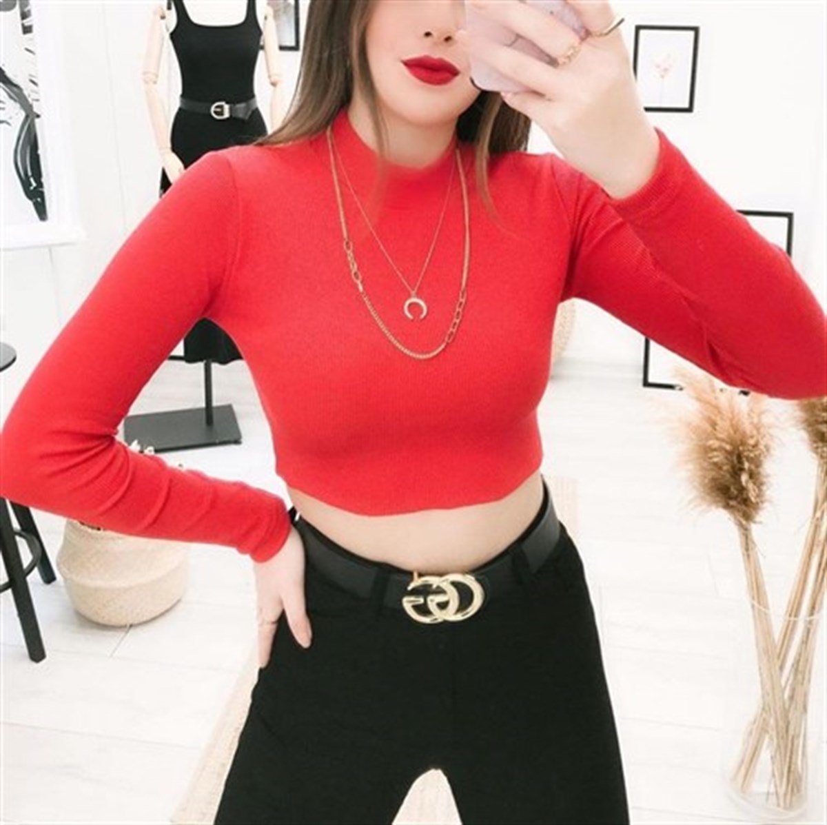 BASİC BALIKÇI CROP BLUZ KIRMIZI
