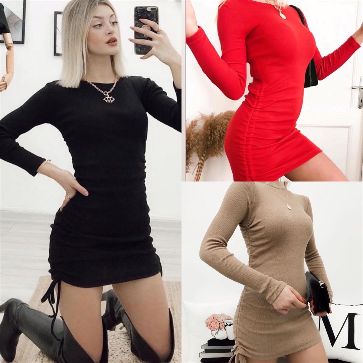 BİSİKLET YAKA FİTİLLİİ YAN BÜZGÜLÜ TRİKO ELBİSE 
