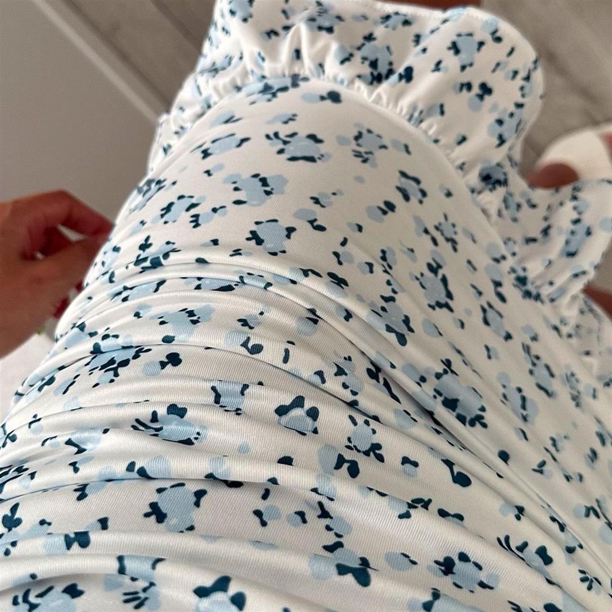 EMMA ASTARLI ÇİÇEKLİ MİNİ ELBİSE MAVİ