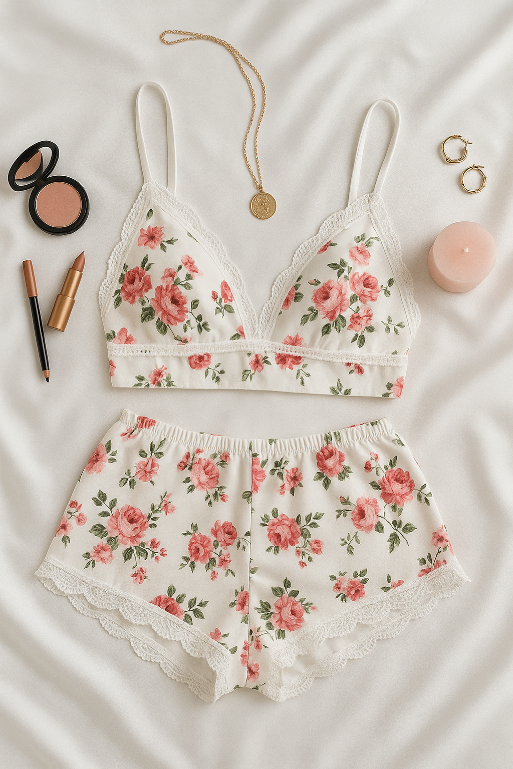 FLOWER SATEN BUSTİYER ŞORT TAKIM