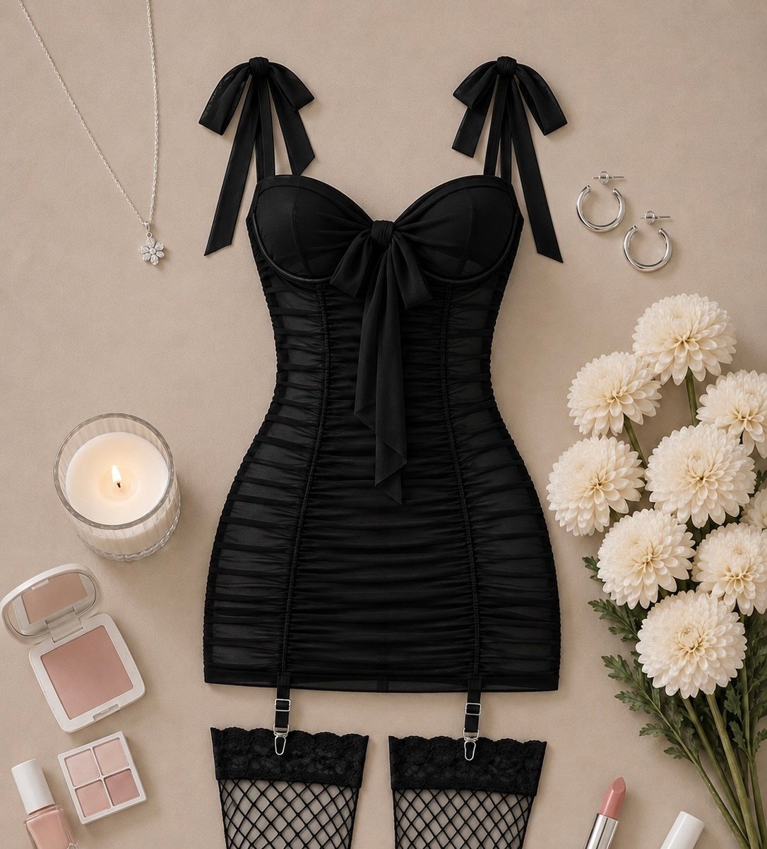JOLY ESNEK TÜL ELBİSE ÇORAP STRING DAHİL TAKIM