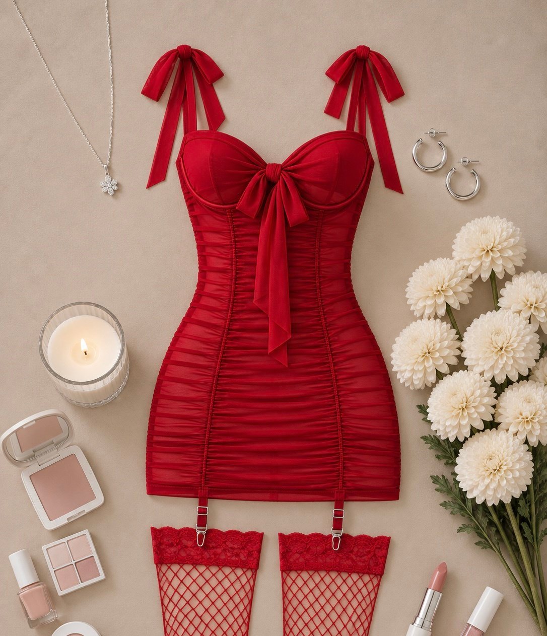 JOLY ESNEK TÜL ELBİSE ÇORAP STRING DAHİL TAKIM