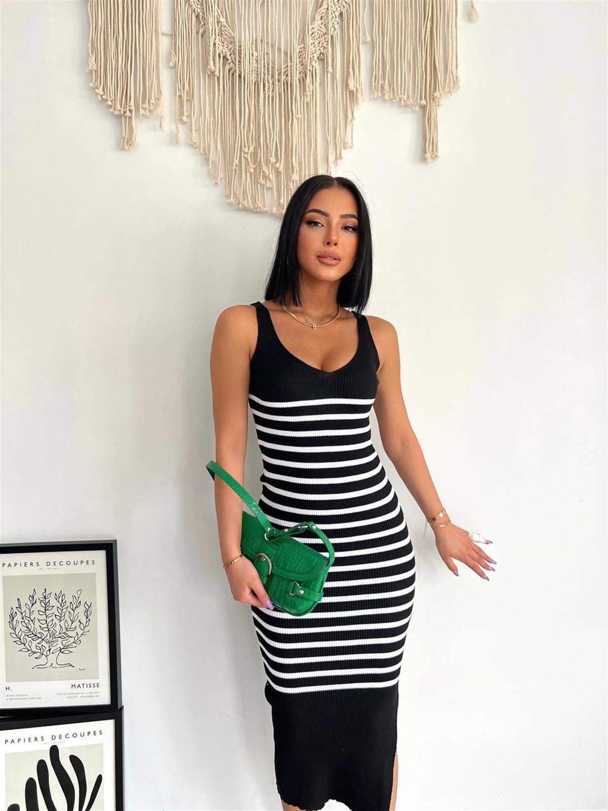 JULIA ÇİZGİLİ YIRTMAÇLI KNIT ELBİSE 
