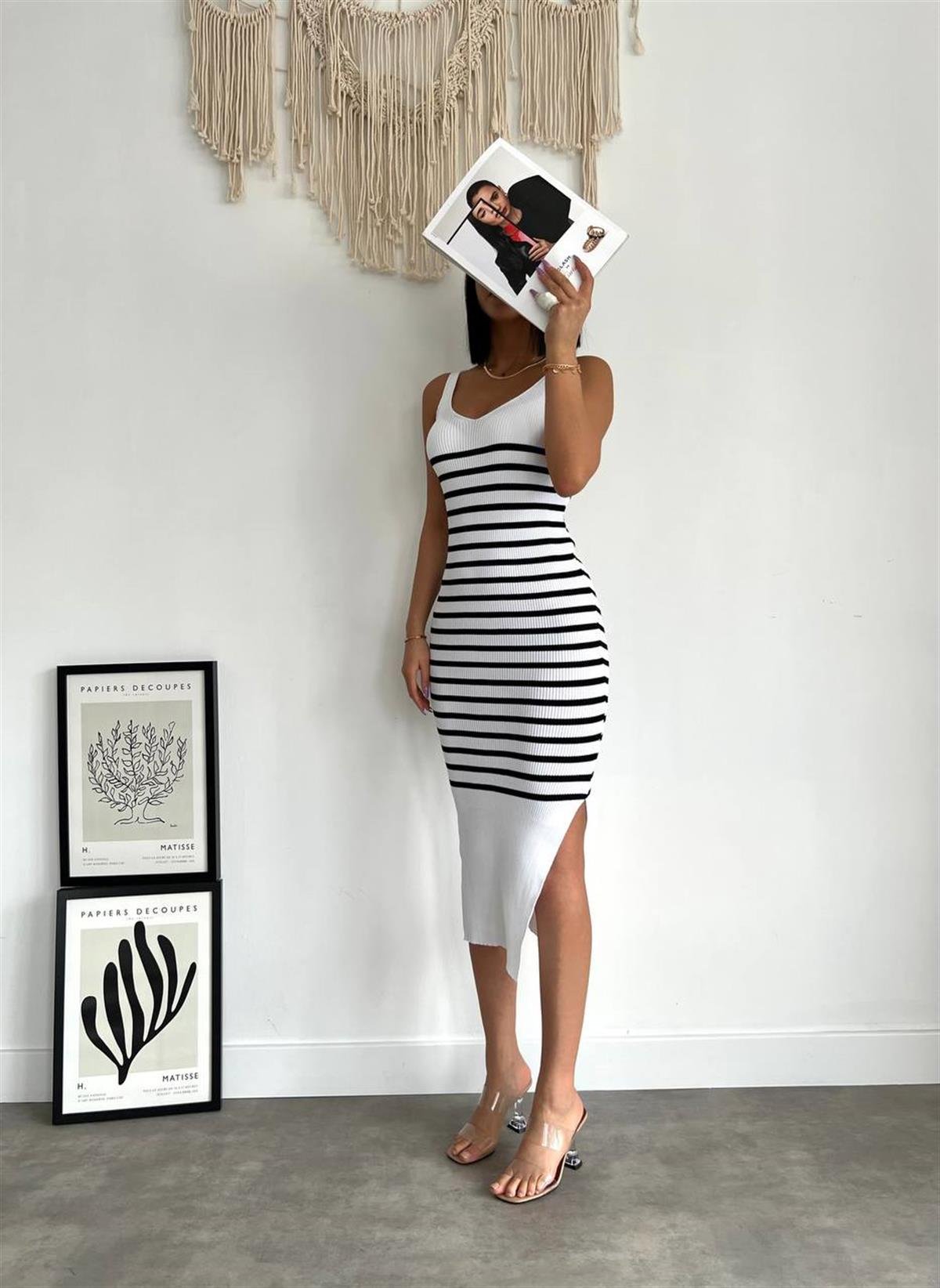 JULIA ÇİZGİLİ YIRTMAÇLI KNIT ELBİSE 