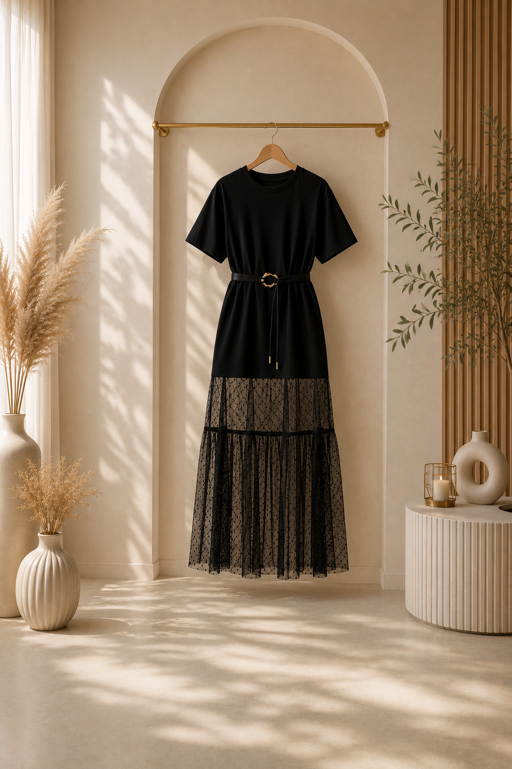 JULYA TÜL DETAYLI KEMERLİ  TSHİRT ELBİSE
