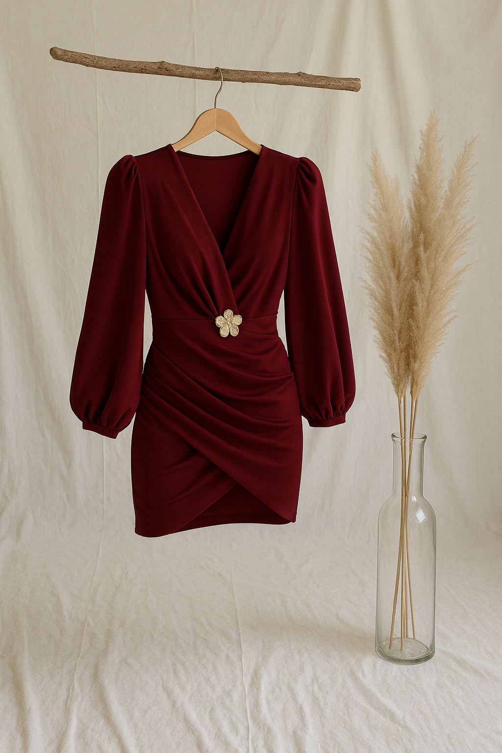 KAINA AKSESUARLI MİNİ ELBİSE BORDO