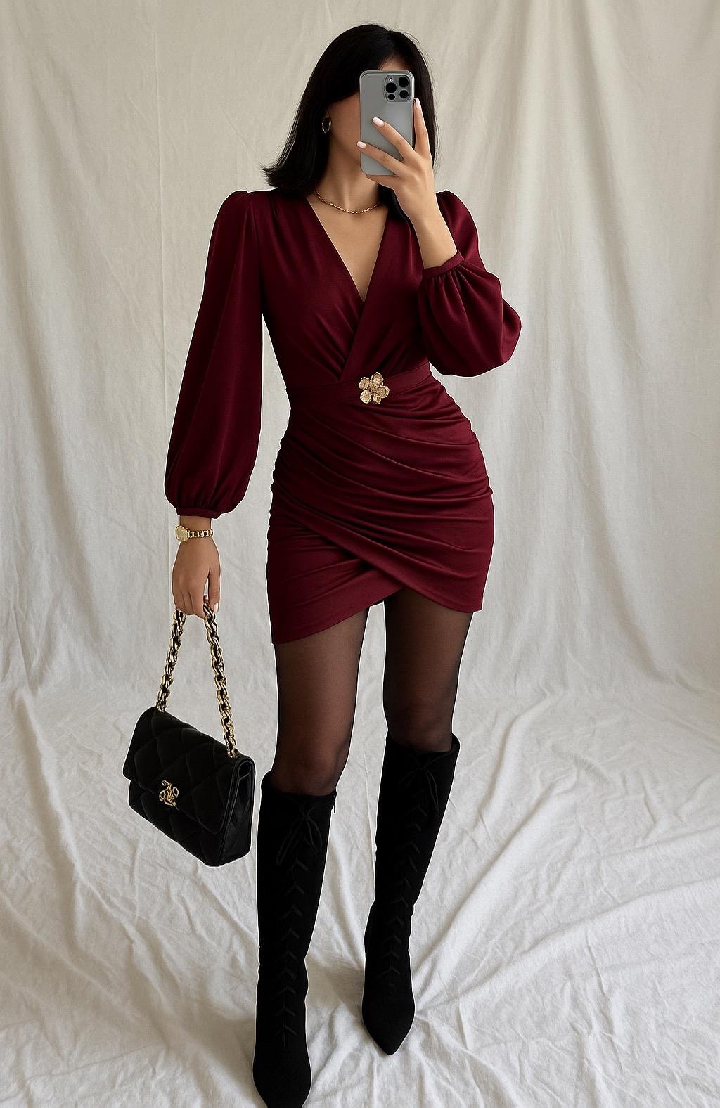 KAINA AKSESUARLI MİNİ ELBİSE BORDO