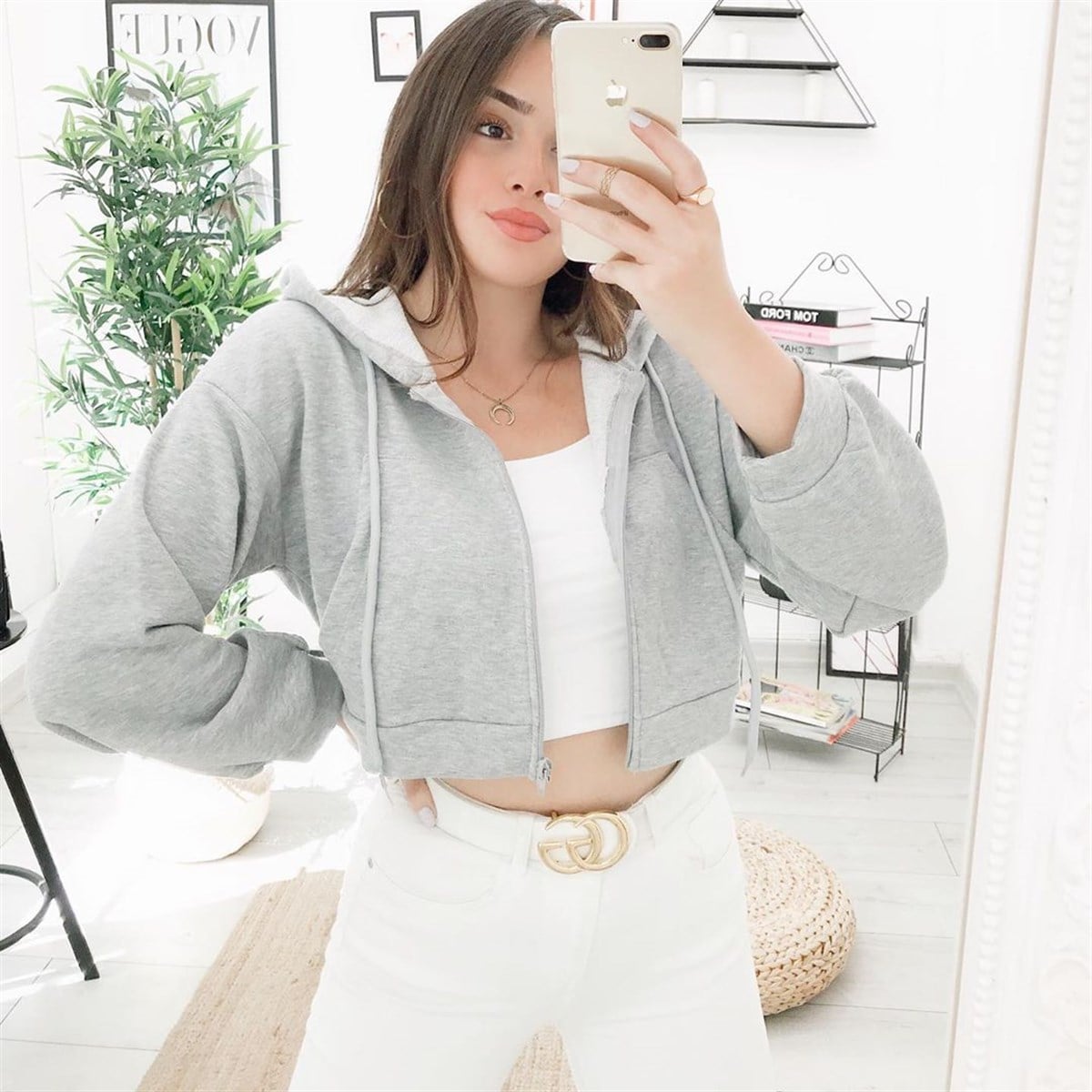 KAPÜŞONLU CROP SWEAT GRİ