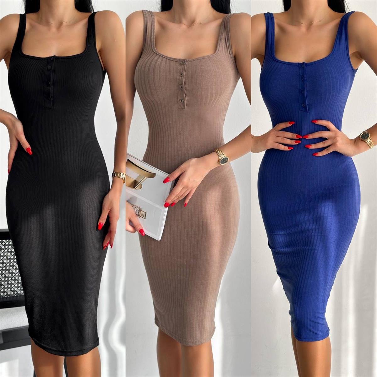 LINA DÜĞMELİ ELBİSE 