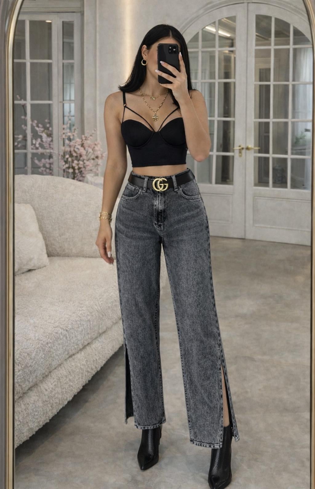 LONA YÜKSEK BEL PAÇA YIRTMAÇLI JEAN