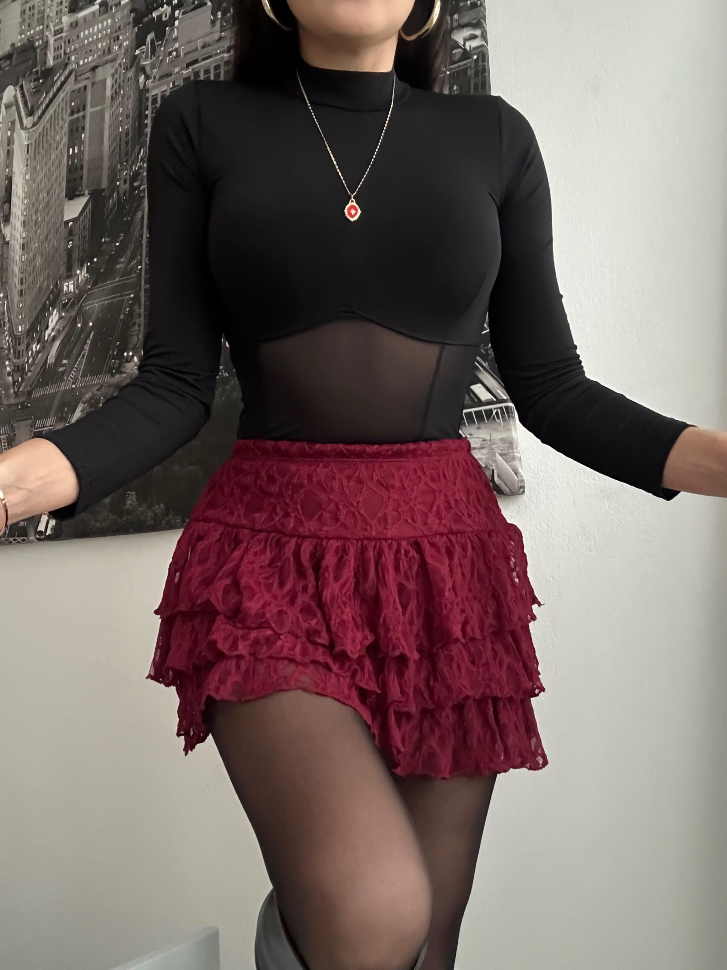 LUCIE DANTELLİ MİNİ ETEK BORDO