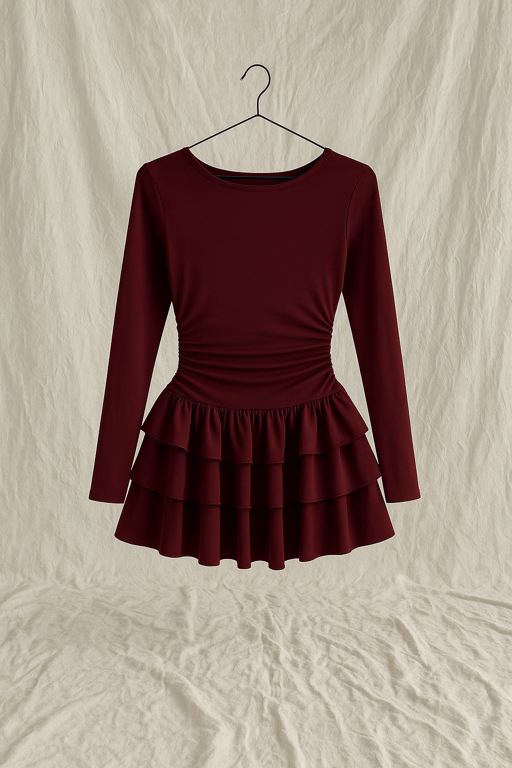 MARINYA FIRFIRLI MİNİ ELBİSE BORDO