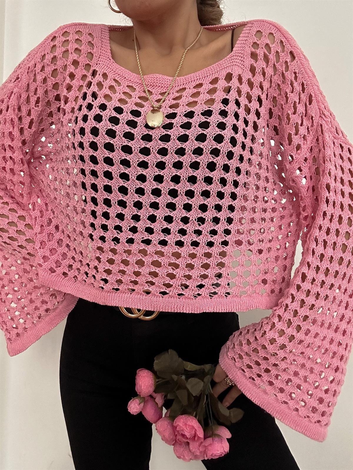 OVERSIZE DELİKLİ TRİKO BLUZ PEMBE